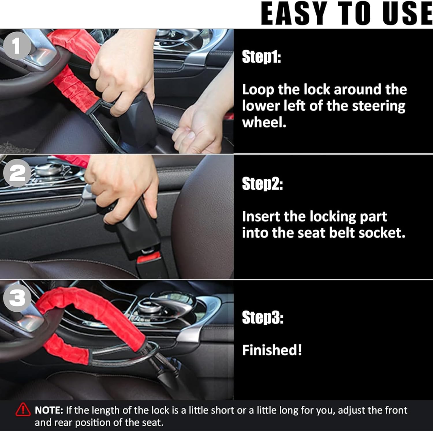 Car Steering Wheel Lock, Universal Anti-Theft Device with 3 Keys, Seat Belt Lock, Heavy-Duty Car Security, Fits Most Vehicles, SUVs, and Golf Carts (Red)