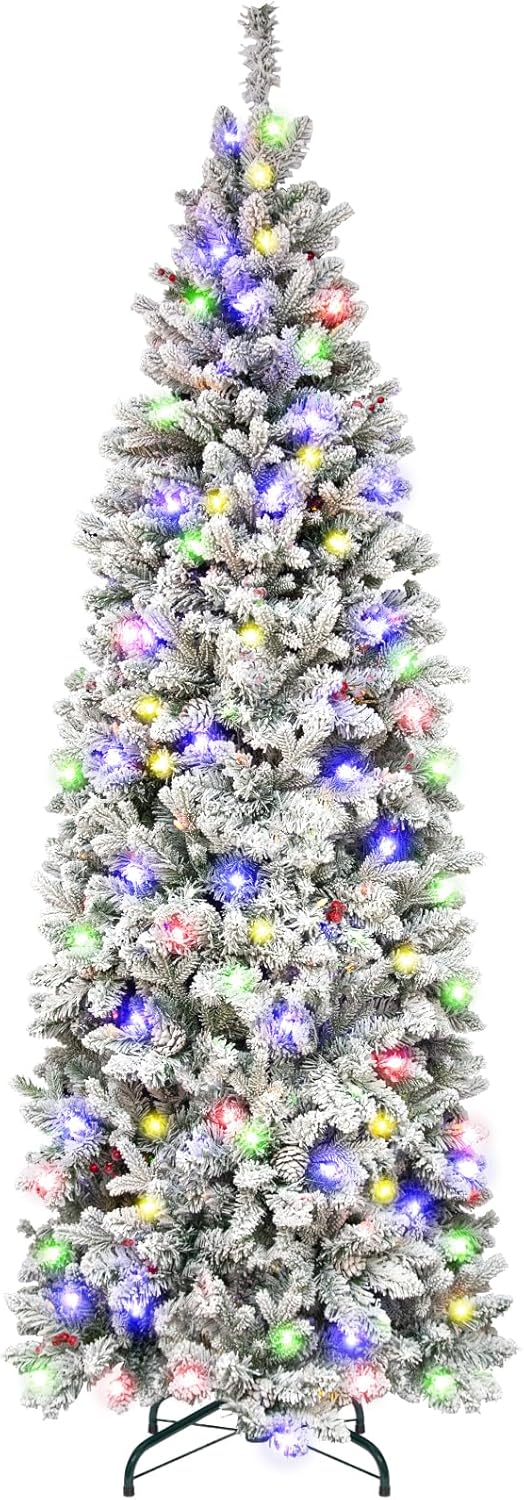 Hykolity 6.5' Prelit Snow Flocked Slim Christmas Tree