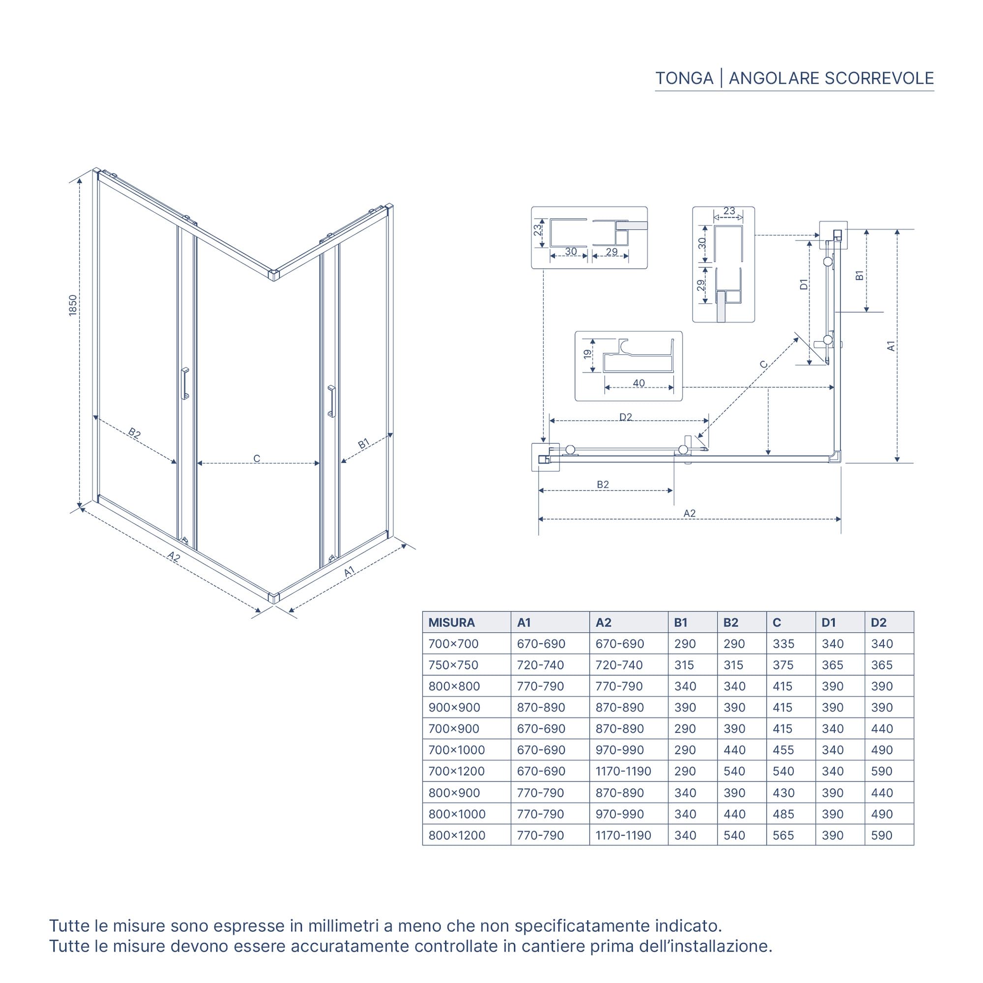 Box Doccia Angolare Due Ante Scorrevoli Cristallo Temperato 6mm Profili Squadrati Cromati Altezza 185 cm - Tonga (Vetro Opaco, 75x75)