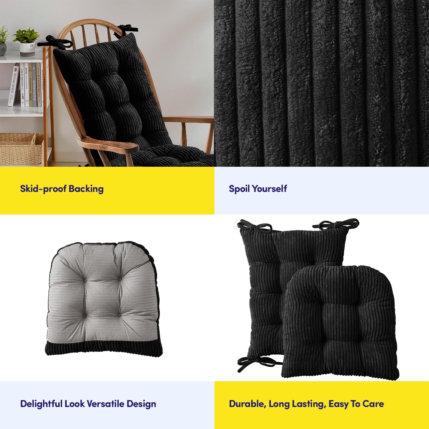 Rocking Chair Cushion Premium Tufted Pads Non Skid Slip Backed Crushed Velvet Cover Set of Upper and Lower with Ties, 21 in x 17 in | 17 in x 17 in, Velvet Black