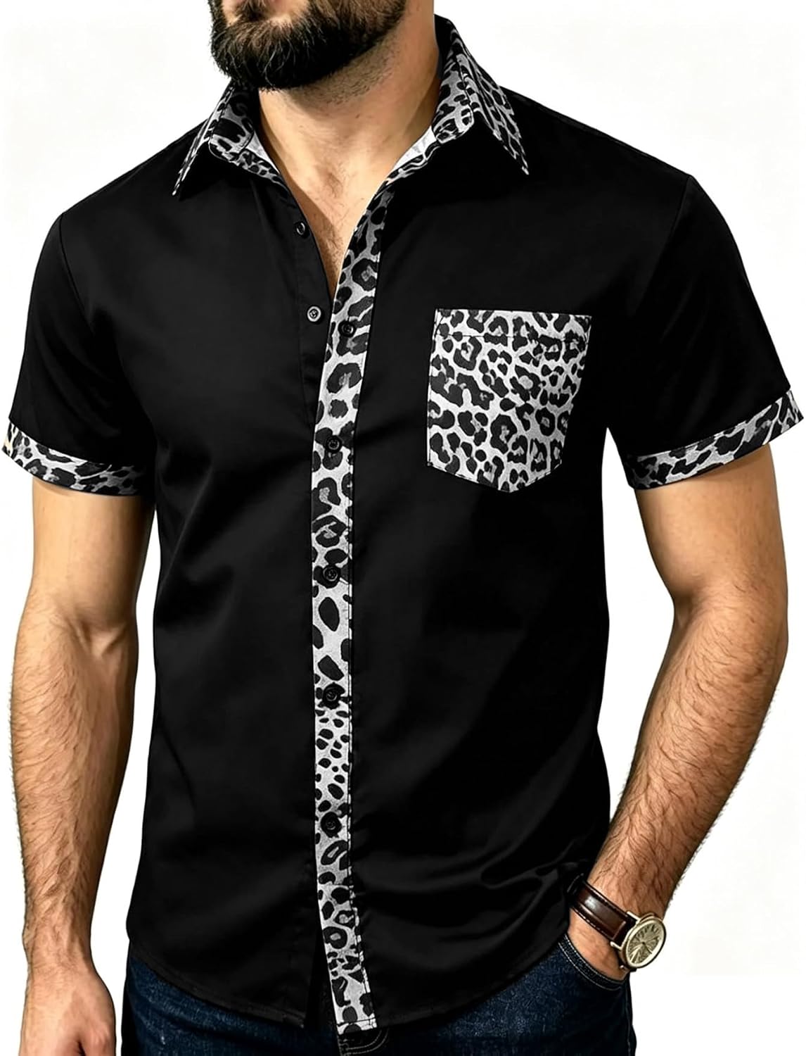 Men's Leopard Print Shirt Summer Short Sleeve Cheetah Animal Print Hawaiian Button-Down Shirts