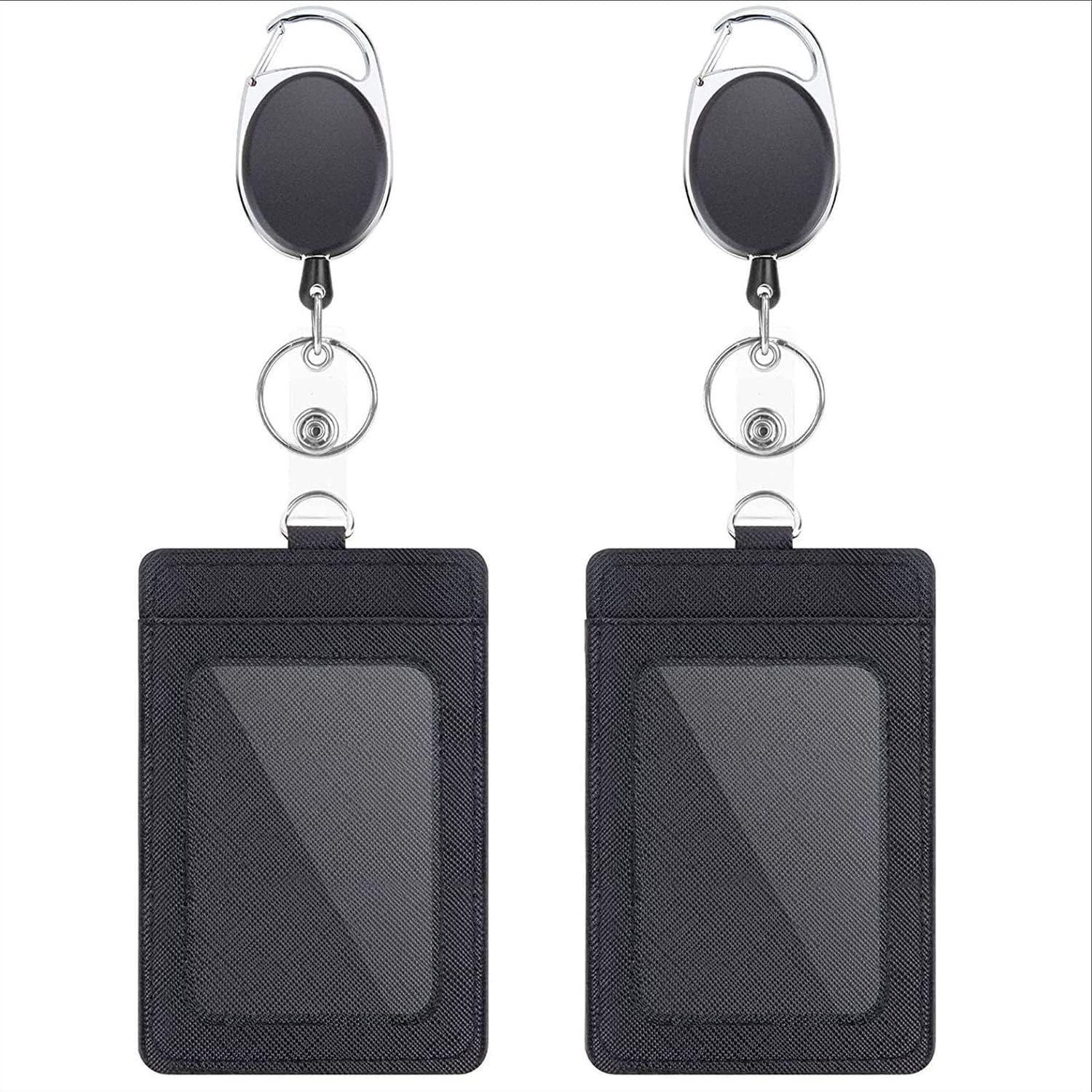 X spring Leather Badge Holder, 2-Pack PU Leather ID Badge Holders with Heavy Duty Carabiner Reel Clip, Professional Card Holders for Office Staff, Employees, Students and Event Attendees