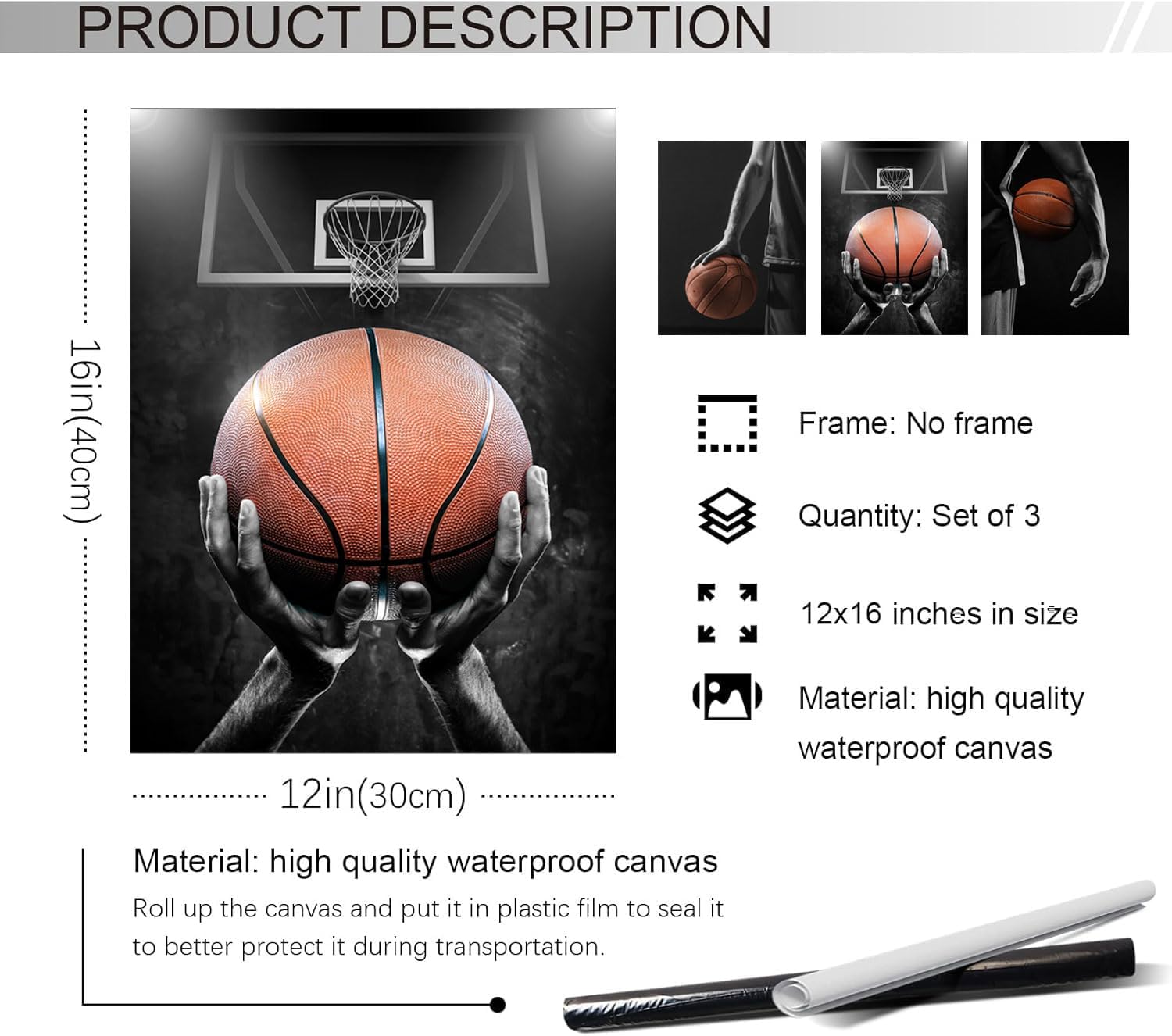 Basketball Posters Canvas Wall Art Set of 3 - Black and White Sports Decor for Mens Teen Boys Room Bedroom Dormitory Office Wall Decor (12x16 Inches) Unframed