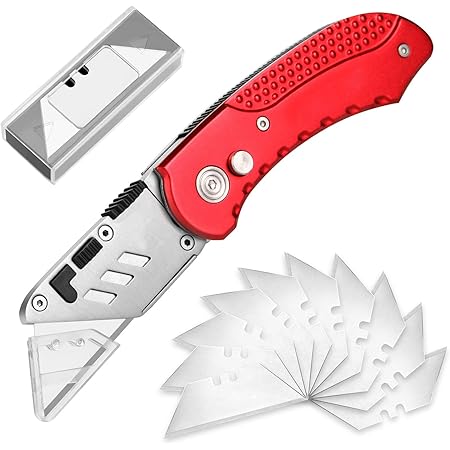 Amazon Agptek 折畳み式 カッターナイフ 枚替え刃付き ストリッパー功能付き 台形替刃 梱包 箱切り作業 家庭 オフィス アウトドア用 ーペット 壁紙 段ボール 革 プラスチックなどを簡単に切り出すことができます レッド ナイフ マルチナイフ