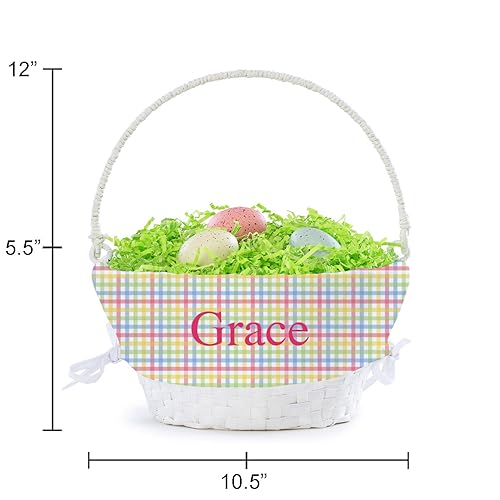 Miniatura 5 de Cesta de huevos de Pascua personalizada con asa y nombre personalizado, forros de cesta de Pascua a cuadros multicolor, cesta blanca, cestas de