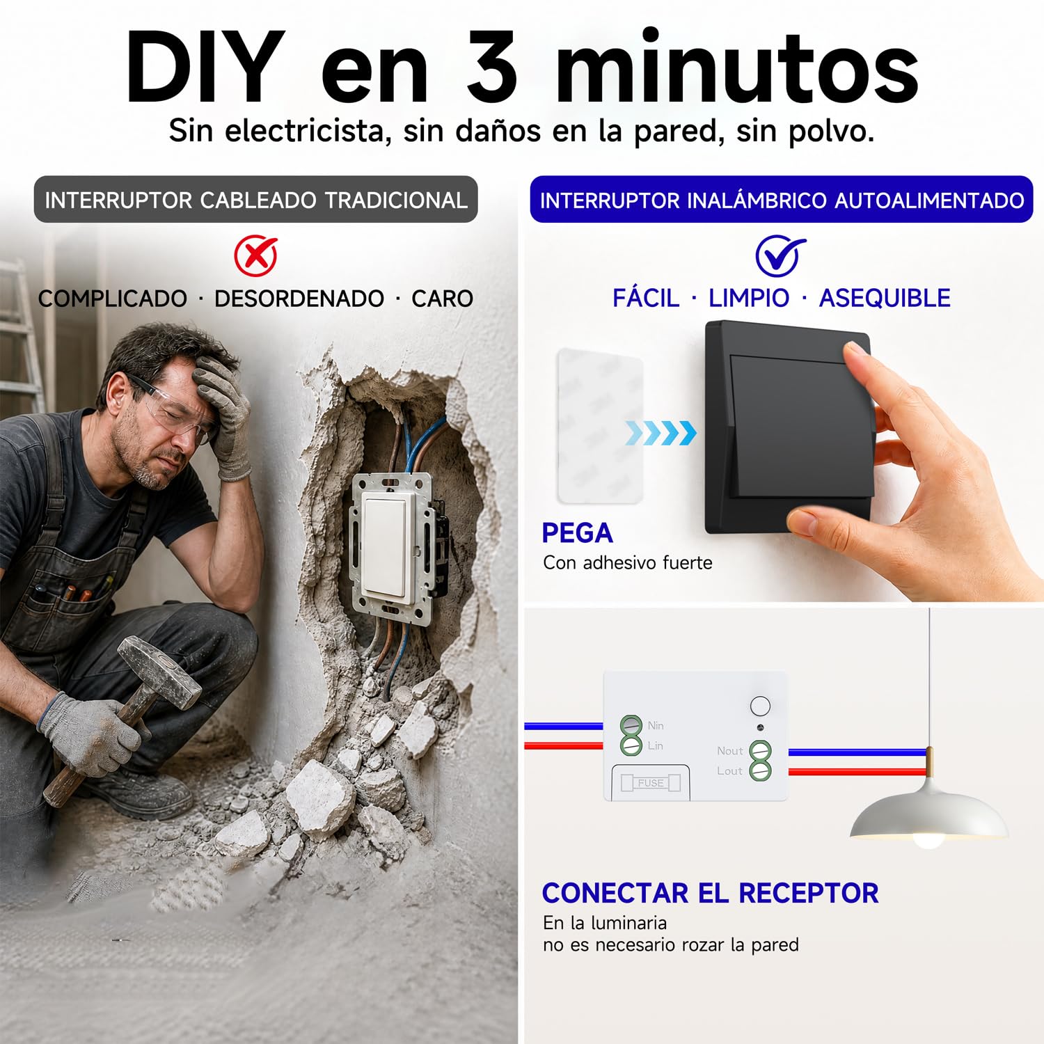 Kit de interruptor inalámbrico negro sin pilas, interruptor autoalimentado, conmutador inalámbrico, interruptor de radio a distancia, teleruptor RF433MHz (Negro 1Gang 3V1)