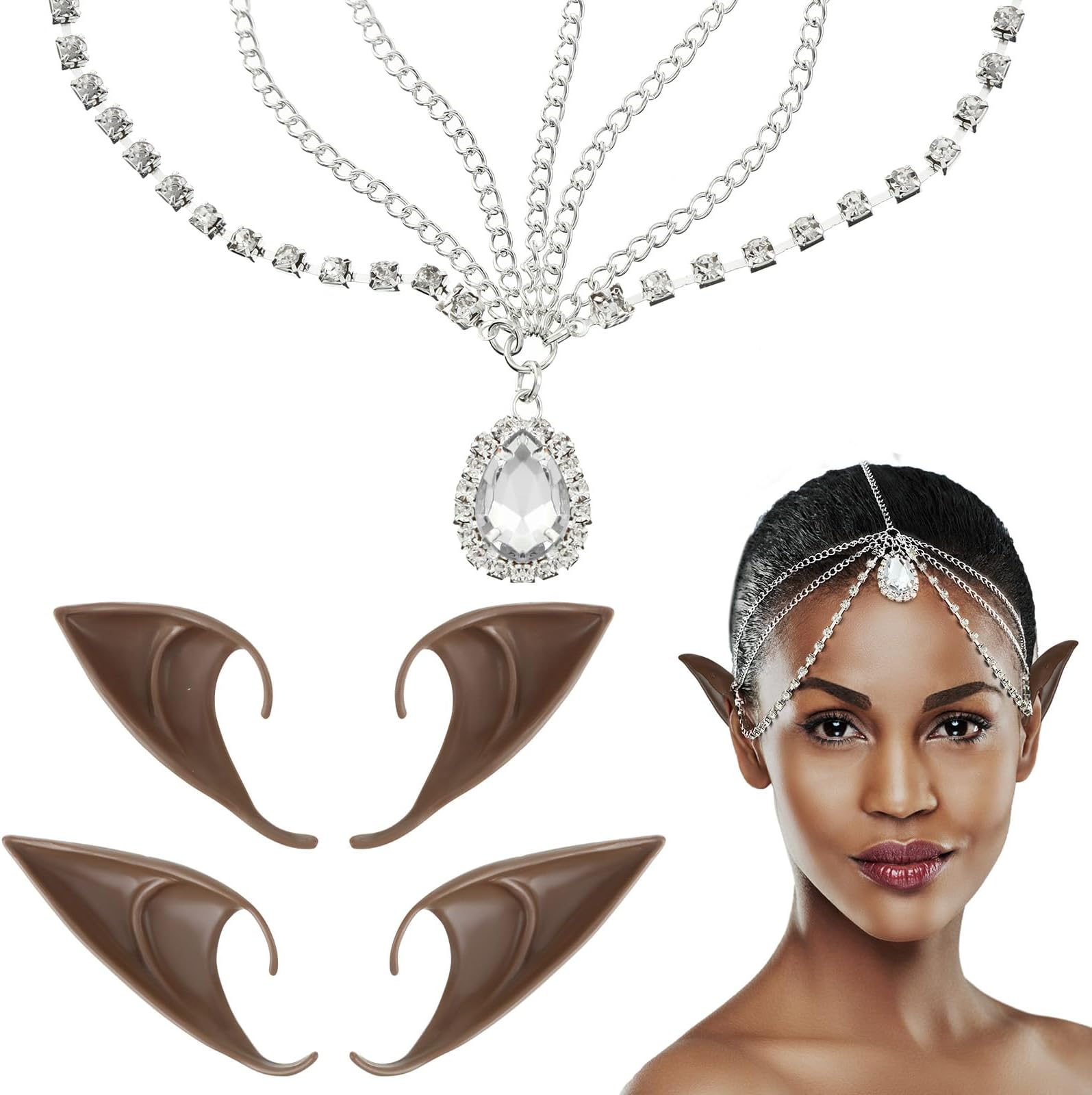 Liliful5 Pieces Elf Cosplay Set Include Brown Elf Ears and Crystal Head Chain with Teardrop, Short and Long Fairy Ears Fairy Headpiece Elf Costume Pixie Ear for Woman Girl Dress up Halloween Cosplay,