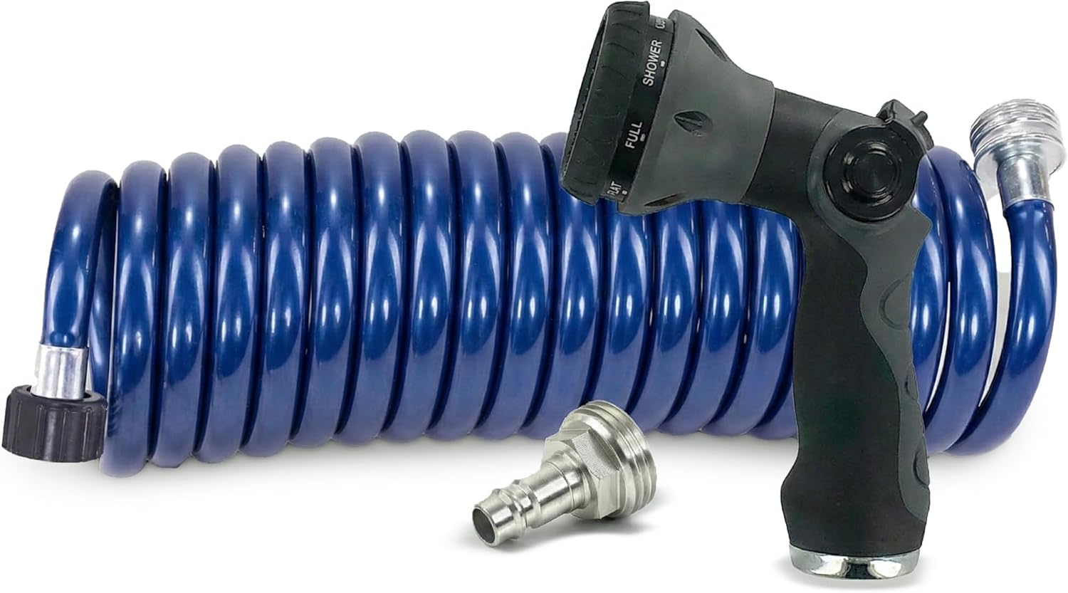 SpringHose RV Water Hose 3/8 in by 15-Foot Polyurethane Safe RV Drinking Water Hose - Premium and Lightweight Coiled Hose with Quick-Connect Male Adapter Plug and Nozzle, Made in Canada, Blue