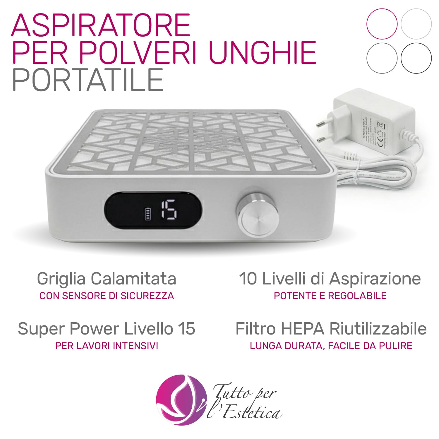 Aspiratore Unghie Professionale Ricaricabile con Display Digitale, Filtro Lavabile, Sicurezza Magnetica