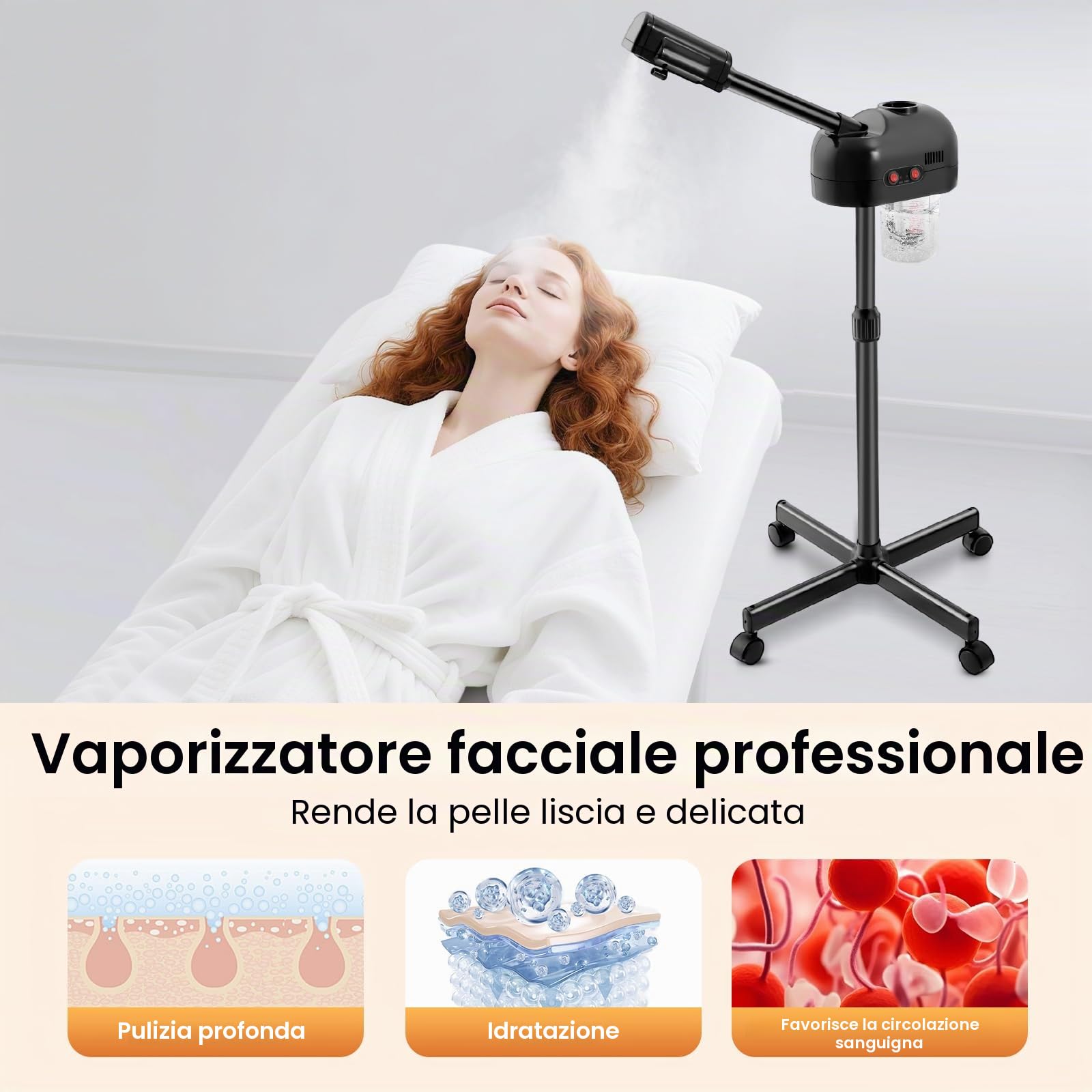 800W Vaporizzatore Viso Professionale 42 ℃ Spruzzatura a Caldo Vaporizzatore Estetica Viso Professionale Nanotecnologia Vapore Viso Pulizia 750ml Serbatoio dell'acqua con Ruote Universali