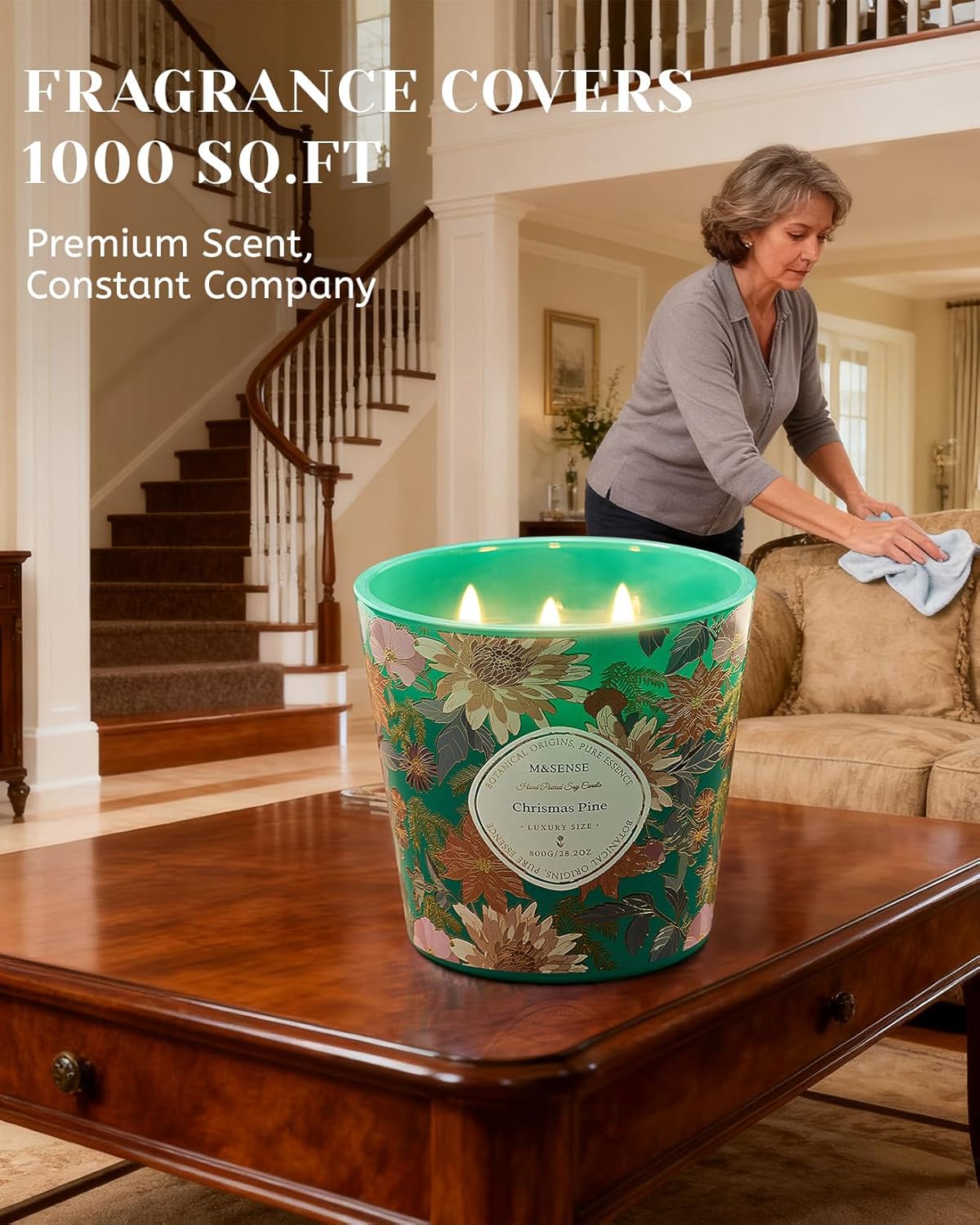 M&SENSE Christmas Pine Scented Candle, 28.2oz 3 Wick Natural Soy Wax Large Candles, Long Lasting Clean Slow Burning No Toxic Décor for Women Men, Romantic Dates & Gift-Giving - Image 6