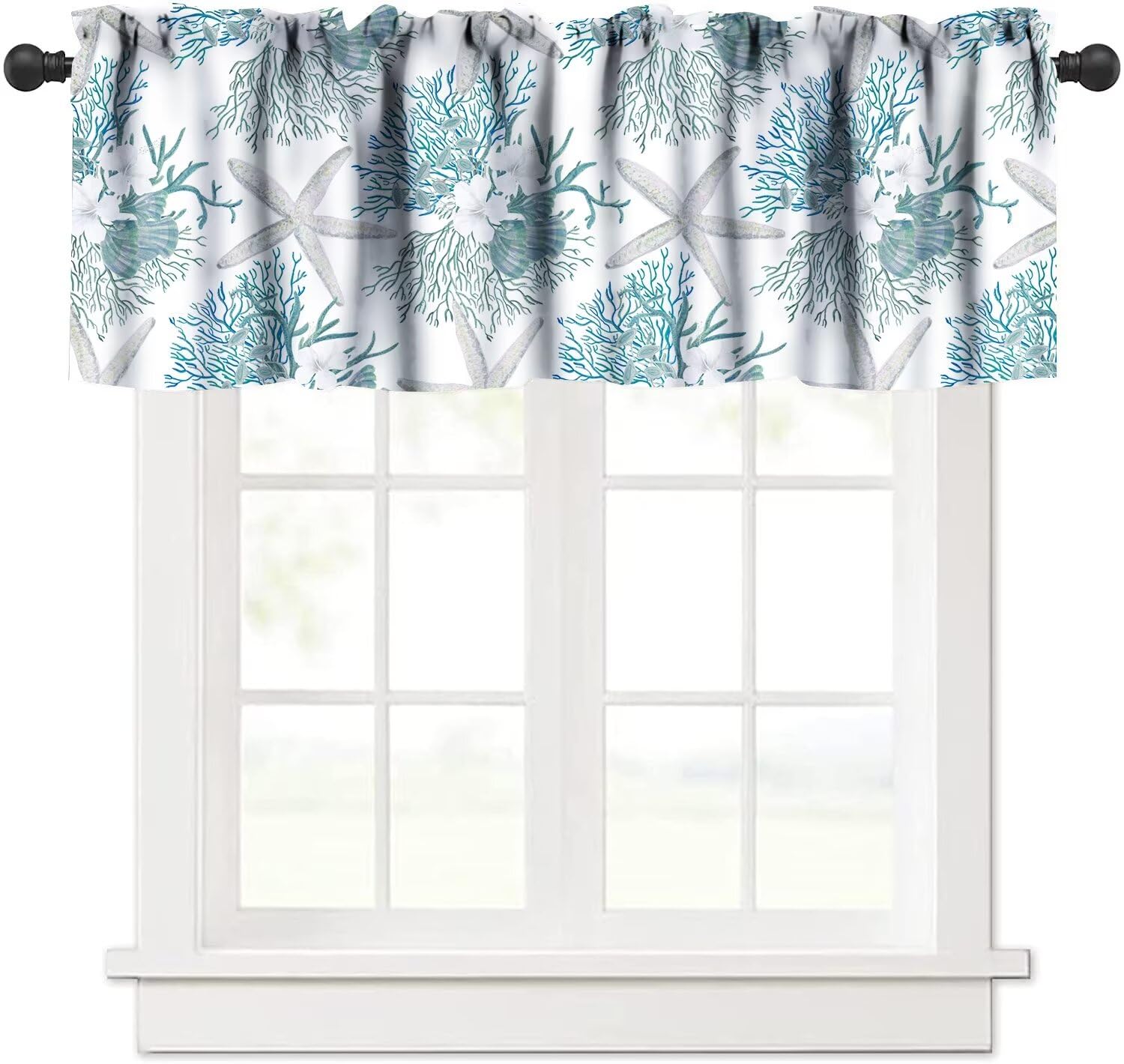JESTRONRY Starfish Window Valance, Tropical Seashells Ocean Beach Theme, Curtain Valance for Kitchen Bedroom Decor with Rod Pocket