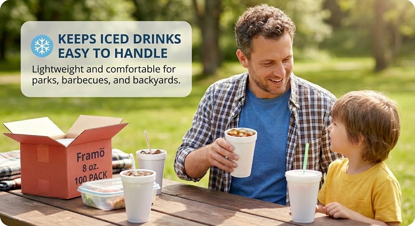 Framo 8 Oz Foam Cups Lightweight Insulated Cups for Coffee, Cold Drinks & Other Hot Beverages - Disposable Drinking Cups for Parties, Picnic, BBQ, Travel, & Events (100 Pack)