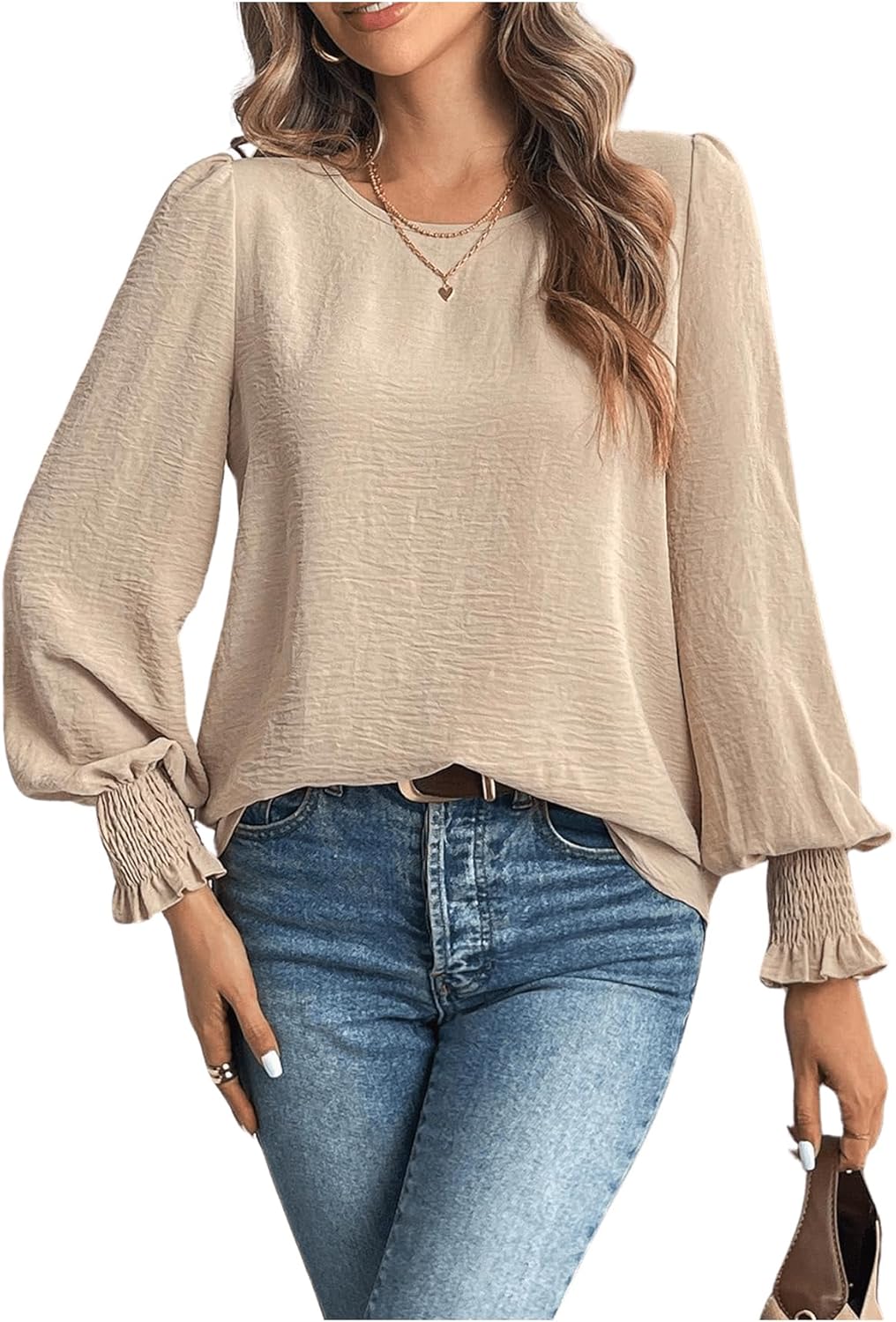 MakeMeChic Women's Bell Sleeve Frill Trim Shirred Crew Neck Office Shirt Blouse Tops