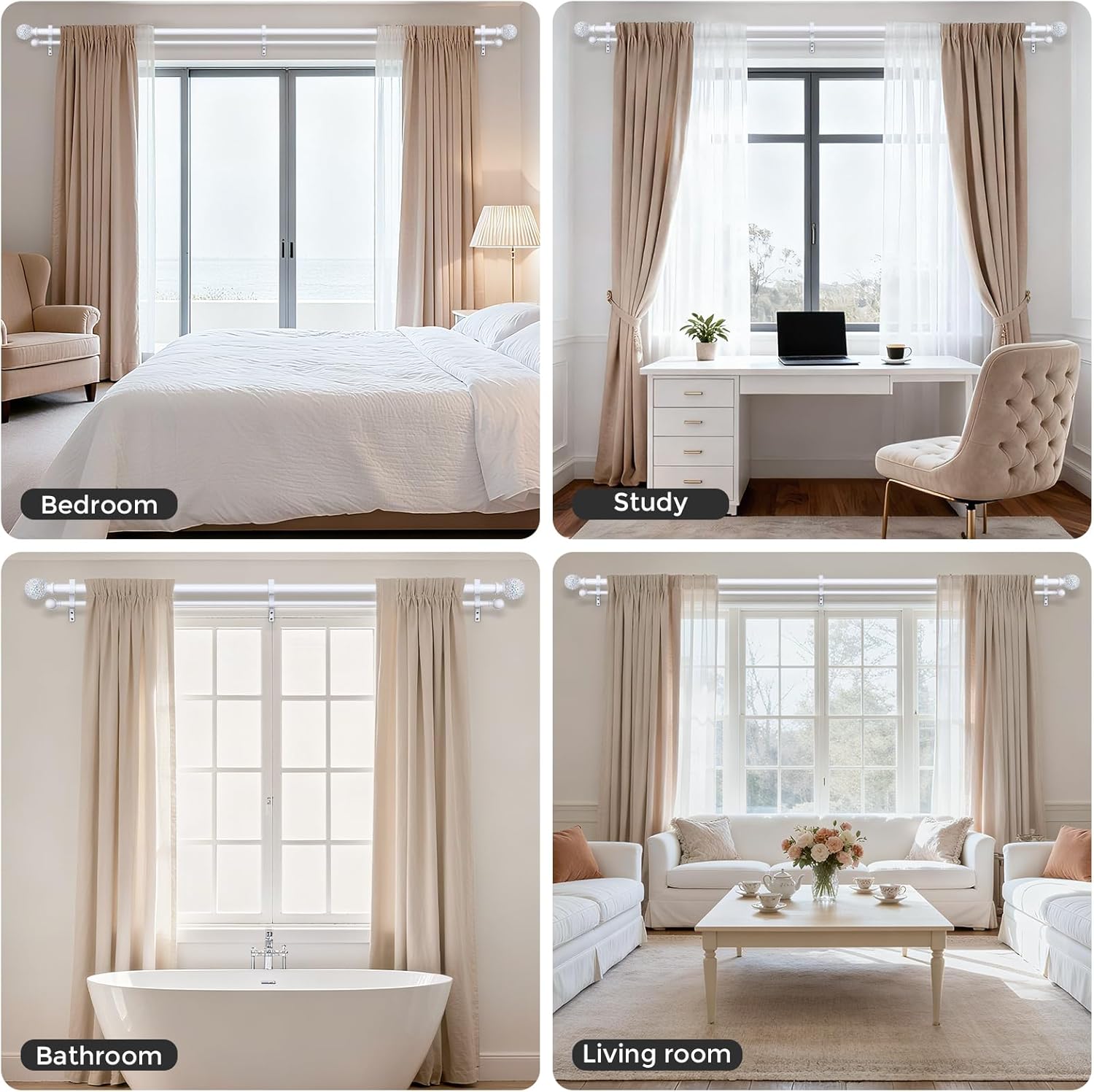 White Double Curtain Rod 72 to 144 Inch, Decorative Extra Long Dual Curtain Rod with Mosaic Glass Crystal Ball Finial, 1 Inch Adjustable Heavy Duty Cute Coastal Drapery Rods for Girls Room