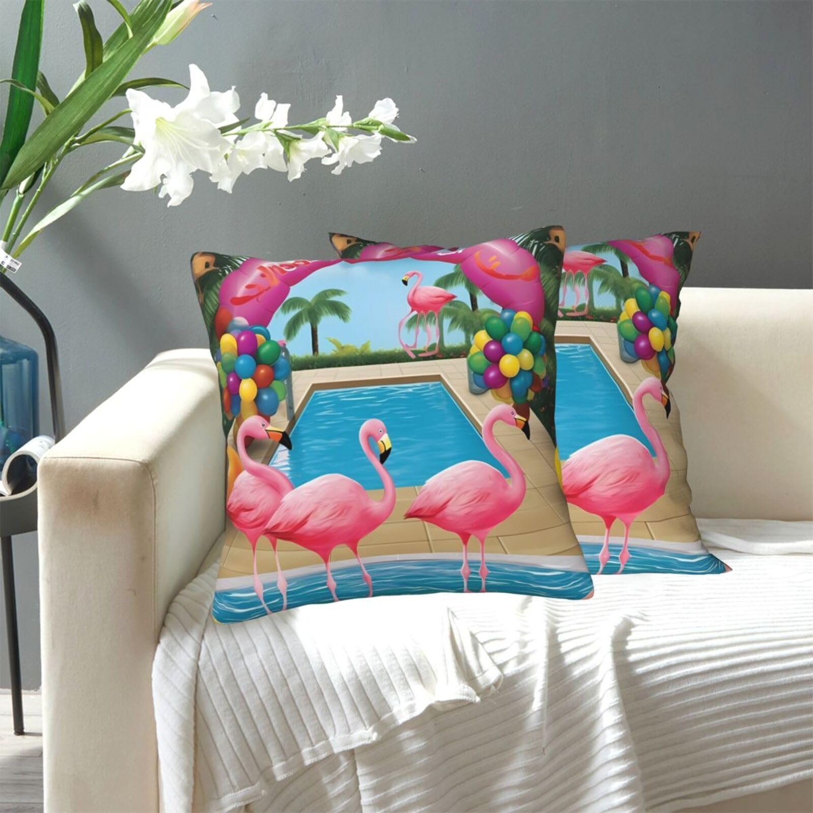 FekiLoot Decorative Throw Pillow Covers Modern Farmhouse Pillowcase Double Sided Cozy Cushion Cover for Sofa Couch Bed 20"X20" Flamingo and Swimming Pool1