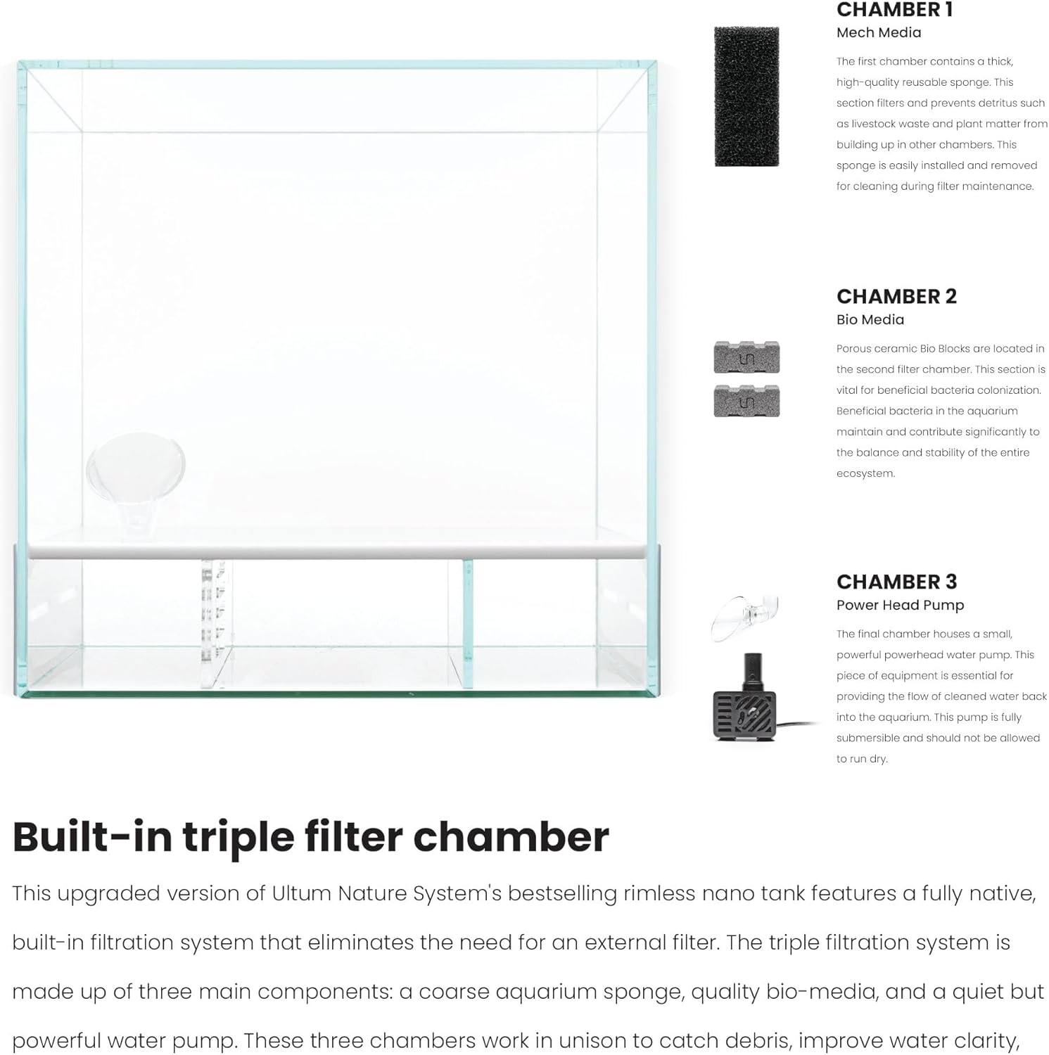 Ultum Nature Systems Rimless All in One Aquarium - Cube Fish Tank, Freshwater AIO Aquarium, Rimless Fish Tank w/Triple-Chamber Filter & White Background - 7 Gallon - 11.81" x 11.81" x 11.81" - 30A