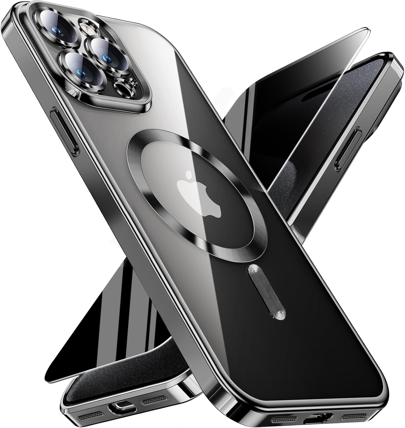 Magnetic for iPhone 15 Pro Max Case with Privacy Screen Protector &amp; Full Camera Cover,[Non-Yellowing] Plating Glossy Soft Shockproof Clear Phone Case with MagSafe Women Girls for 15 ProMax,Black