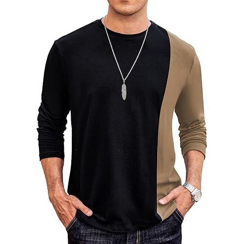 Hardaddy Men's Casual Contrast Color T-Shirts Long Sleeve Crew Neck Tee Top Color Block Shirts