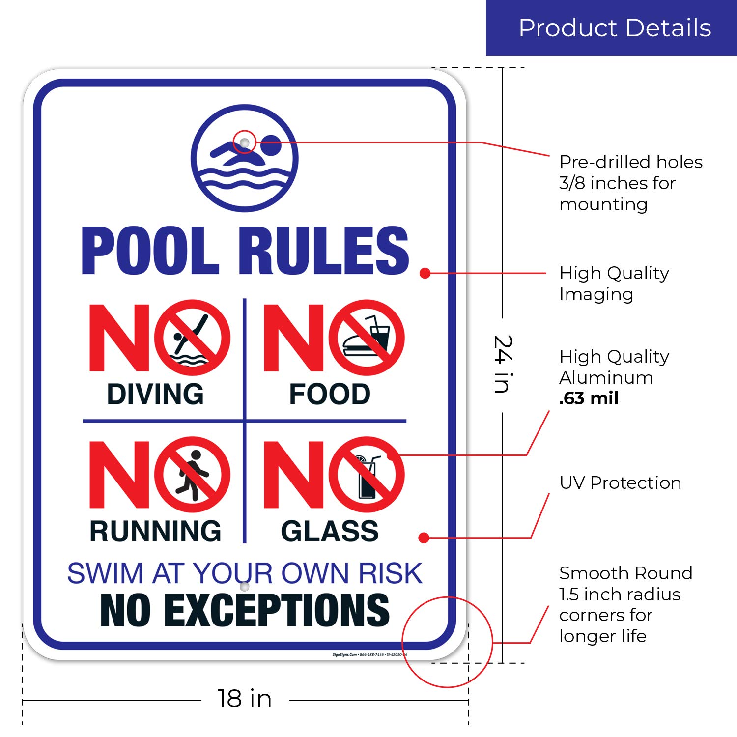 Pool Rules Sign, No Diving Pool Sign, 18x24 Inches, Rust Free .063 Aluminum, Fade Resistant, Easy Mounting, Indoor/Outdoor Use, Made in USA