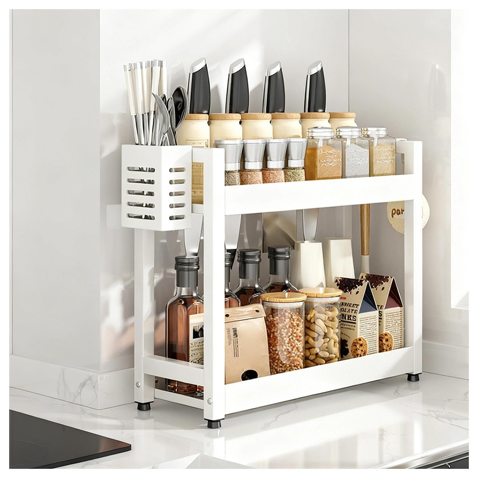 GLJTUO 3-Tier Spice Rack - Standing Desktop Storage Shelf with Hooks & Utensil Holder - Kitchen & Bathroom nization - White, 50cm Countertop Solution for Pantry Storage (White 2,White-2 Tier-35cm