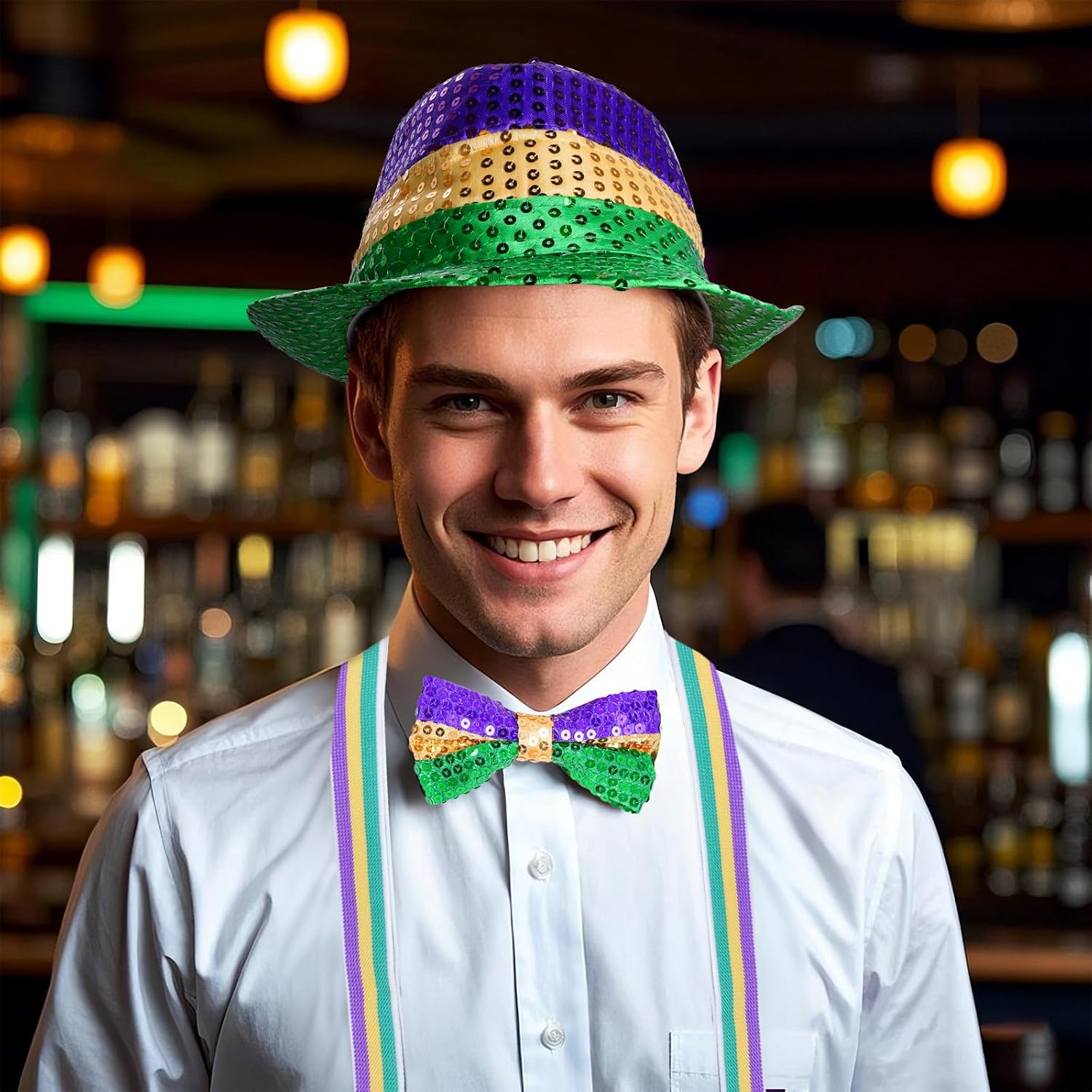 Sucrain 4PCS Mardi Gras Accessories Set Include Sequin Hat Sequin Bow Tie Sunglasses Suspenders for Men Costume Outfit Carnival Party - Image 6