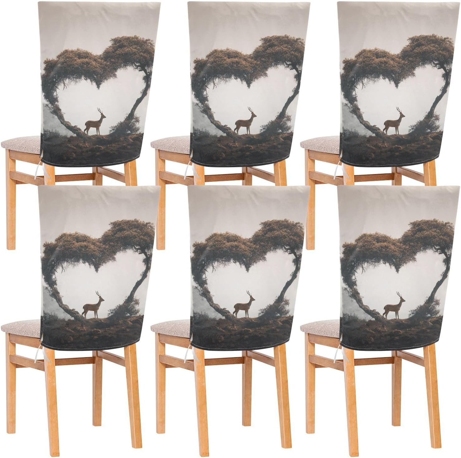 ALAZA Vintage Hearts Trees Deer Mountain Chair Back Cover Set of 6, Washable Reusable Removable Chair Slipcovers Decorative Chair Cover for Home Kitchen Wedding Party
