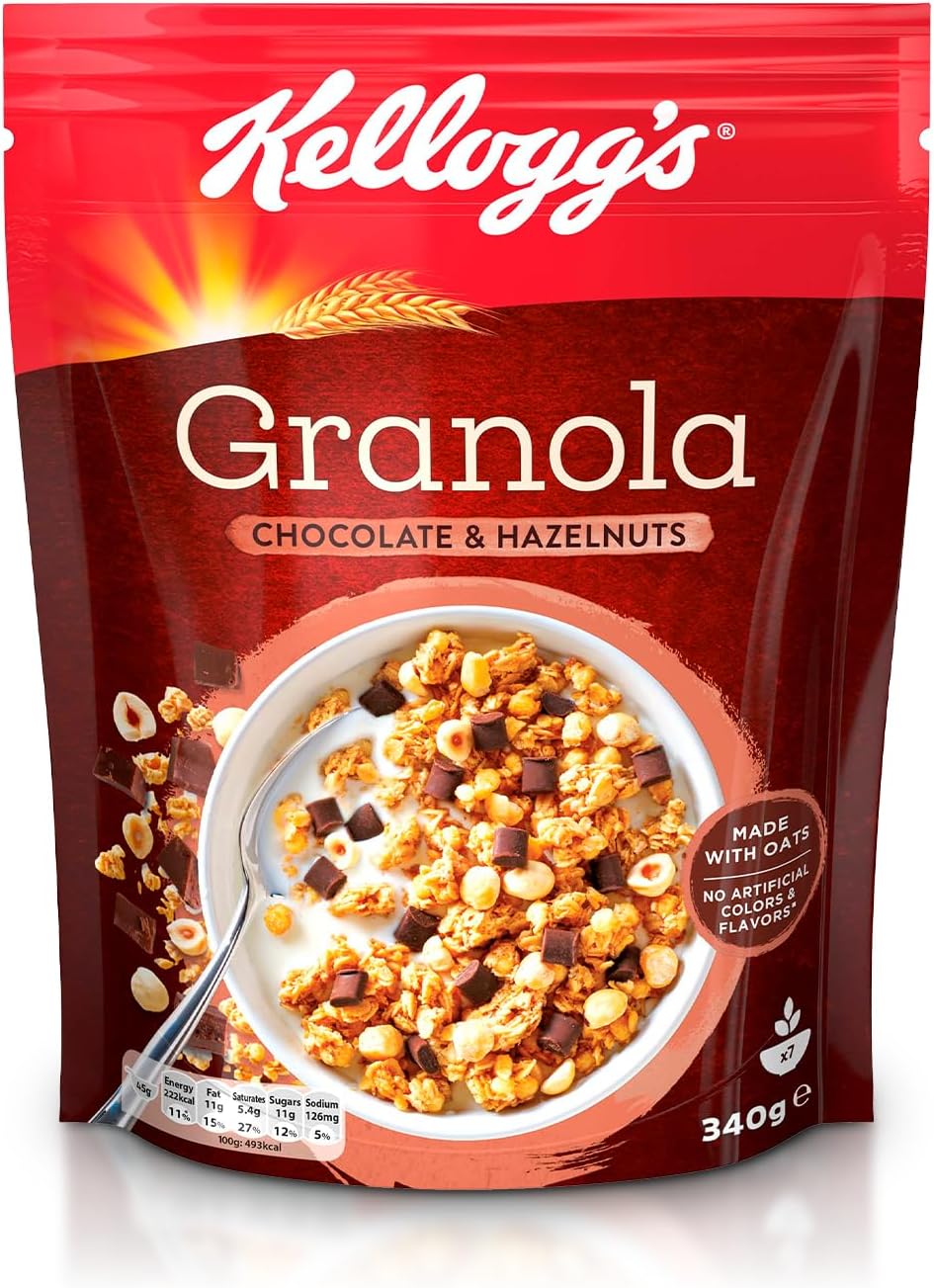 Kellogg's Granola Chocolate With Hazelnut | 340g | Crunchy Multigrain Nourishment | Source of Fibre | High in Vitamin And Minerals (Zinc And Iron) | Ideal For Healthy Breakfast