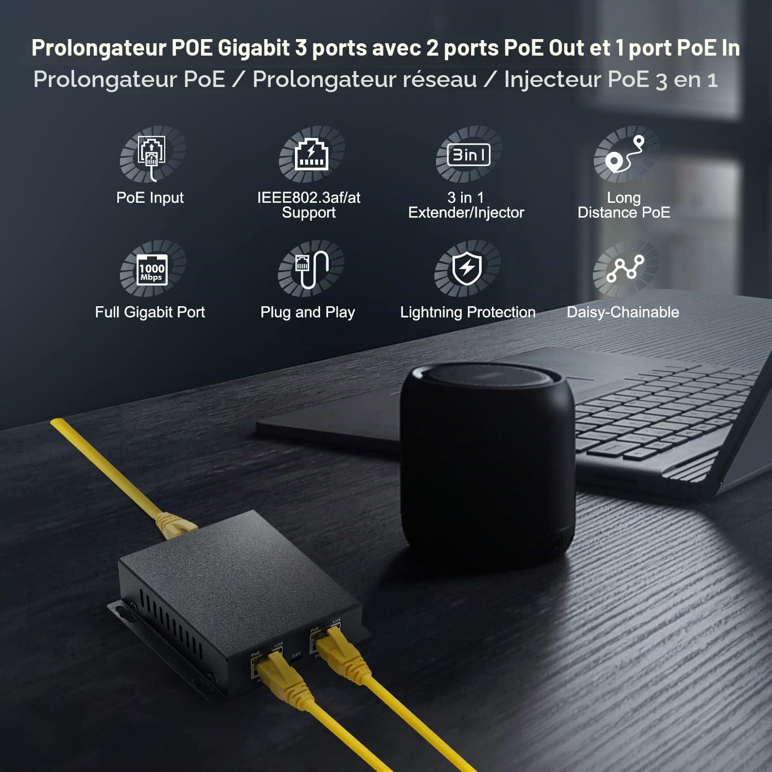 Rallonge PoE Gigabit 1 PoE en 2 Sorties PoE, IEEE802.3af/at PoE Powered, Ethernet 10/100/1000 Mbps, Metal Small Wall Mount PoE Extender/Injecteur/Réseau Extender