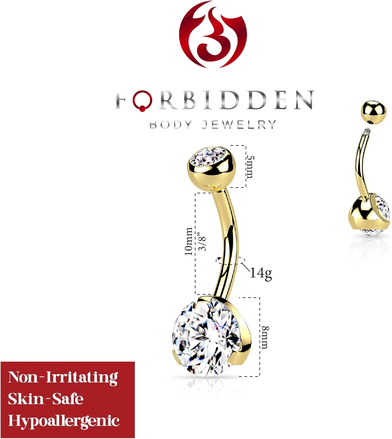Forbidden Body Jewelry 14K Gold Belly Button Ring 14G 10mm w/Double Crystal - Stainless 316L Surgical Steel Belly Button Piercing - Yellow Barbell Belly Rings Women Navel Piercing Jewelry (1 Pc) - Image 2