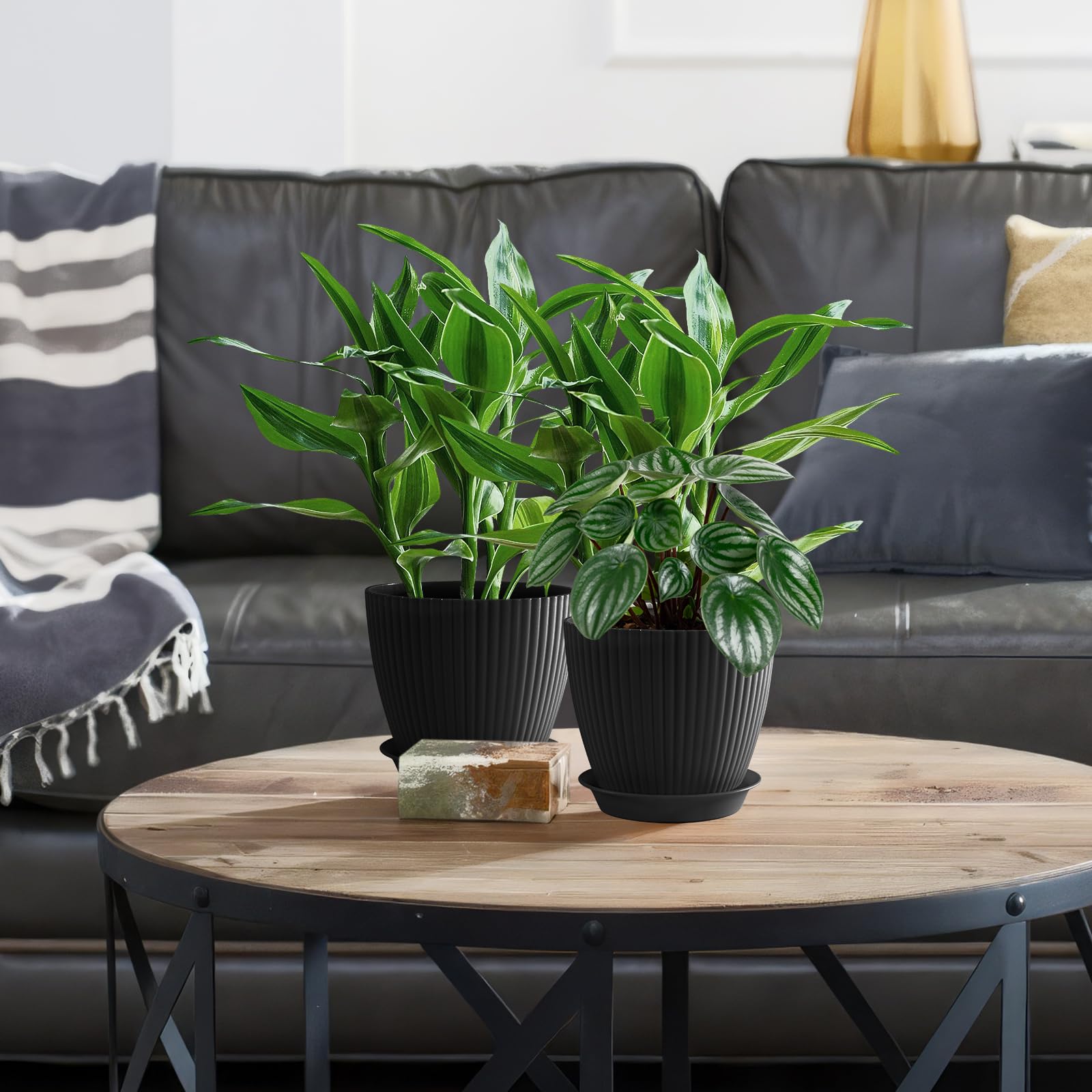 FORAGIFT Vasi per Piante da Interno di 19cm - Set di 6 con Fori di Drenaggio e Sottovaso, Plastica Rigata Decorativa Nero
