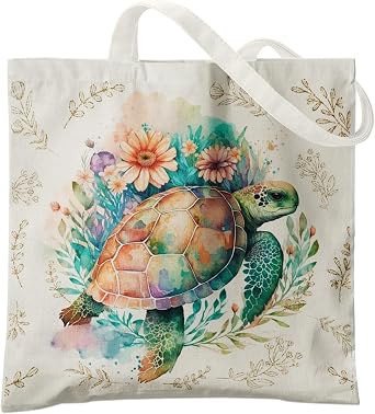 Summer Beach Tote - Floral Sea Turtle Canvas Tote, Womens Turtle Lovers Gift, Reusable Grocery Bag