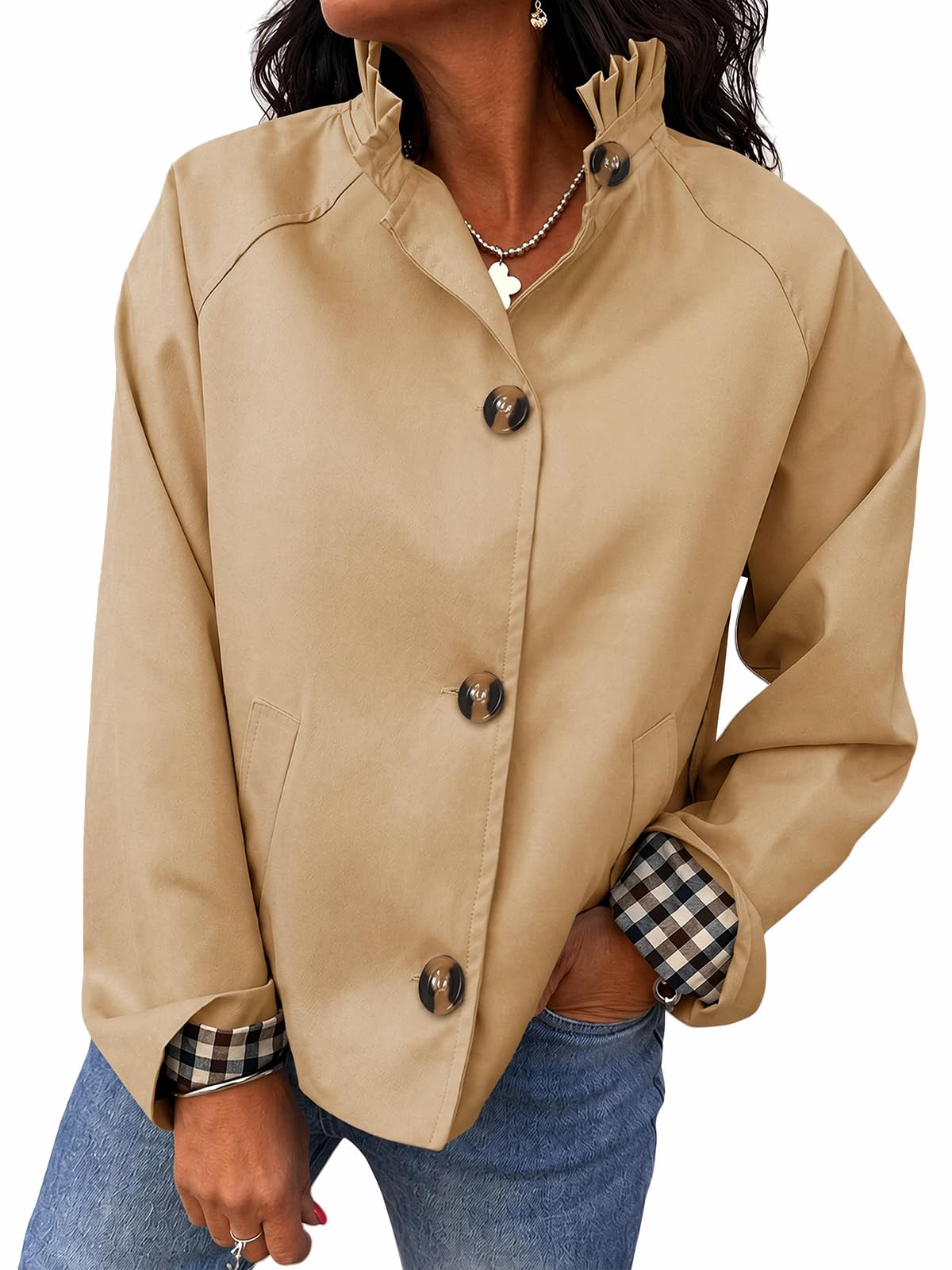 Cicy Bell Womens Ruffle Short Trench Coat Single Breasted Cropped Jackets