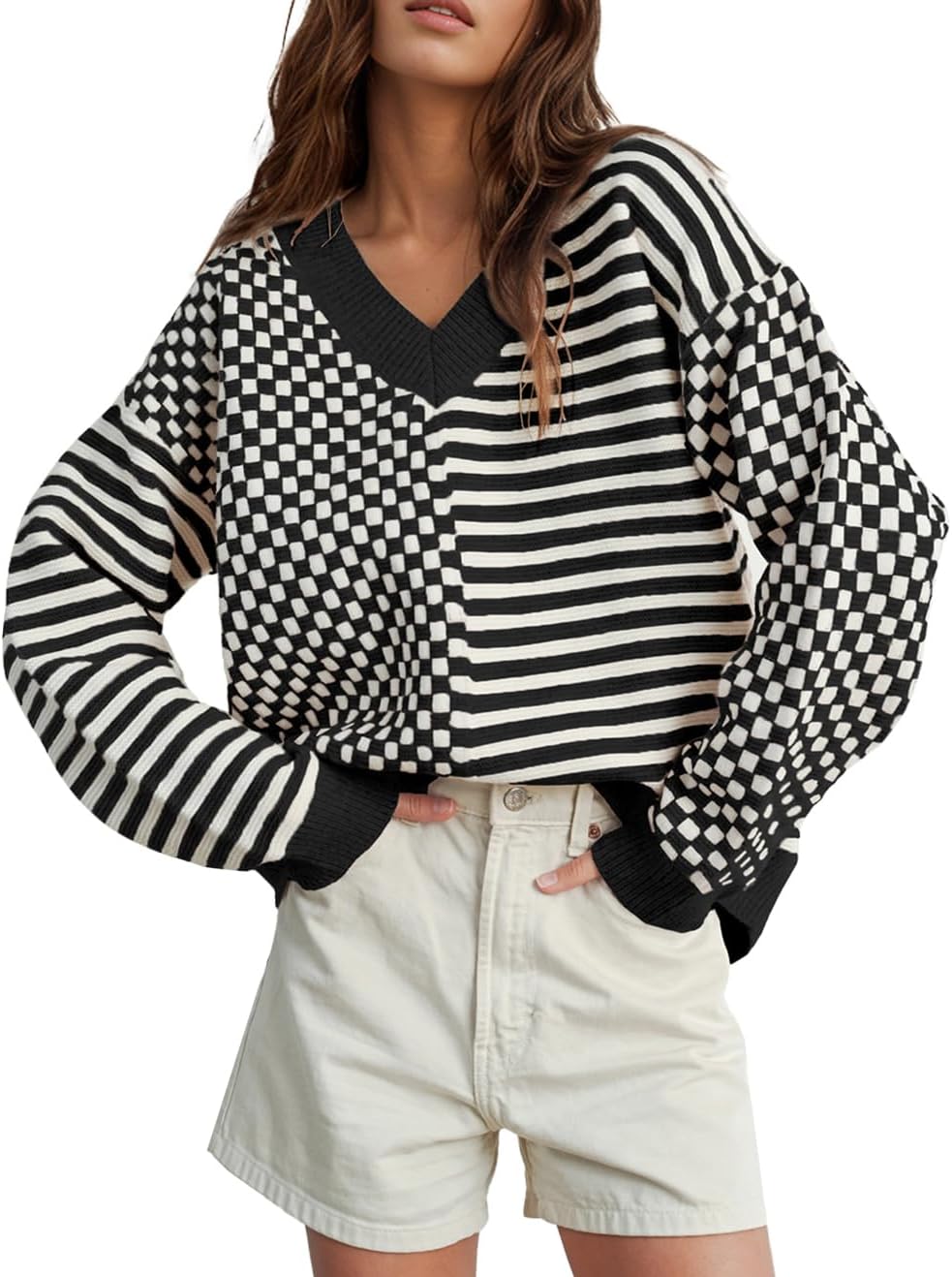 UNCLECAT Women's Striped Checkered Sweater 2025 V Neck Fall Sweaters Casual Knit Trendy Pullover Tops