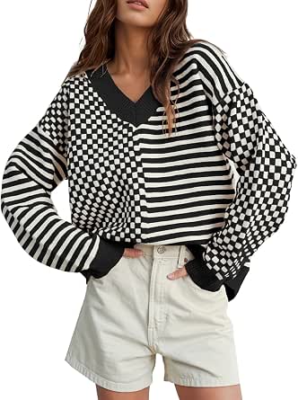 Womens Striped Checkered V-Neck Sweater