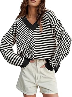 Women's Striped Checkered Sweater 2025 V Neck Fall Sweaters Casual Knit ...