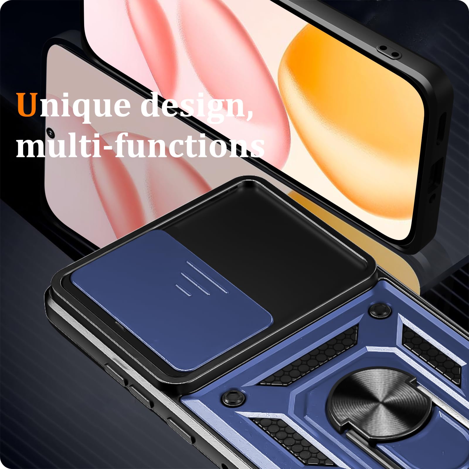 Cover per Moto G85 5G, Custodia per Moto G85 5G Antiurto Scorrevole Protezione Fotocamera Custodia con 360°Rotante Anello Supporto Cover, Blu
