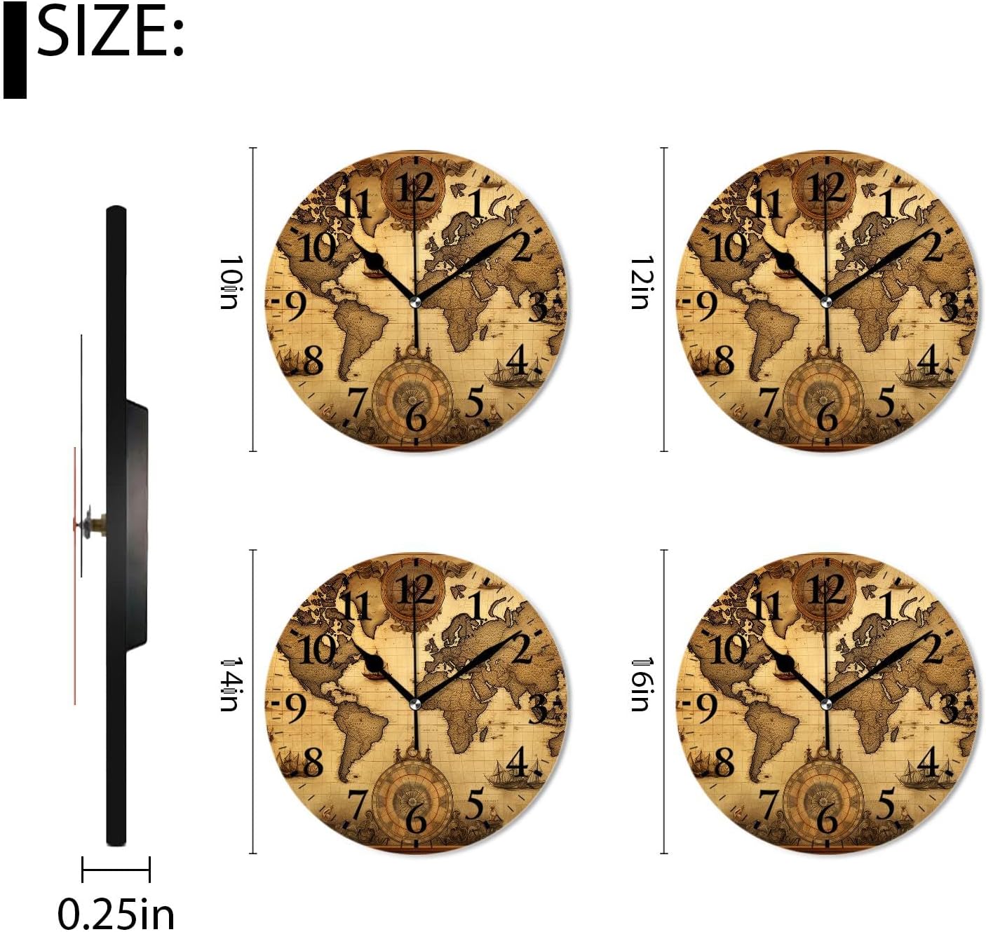 Non-Ticking Silent Wall Clocks Battery Operated Personalized Decor Clock with Photo for Bathroom-an Ancient Map of The World with a Compass(16inch)