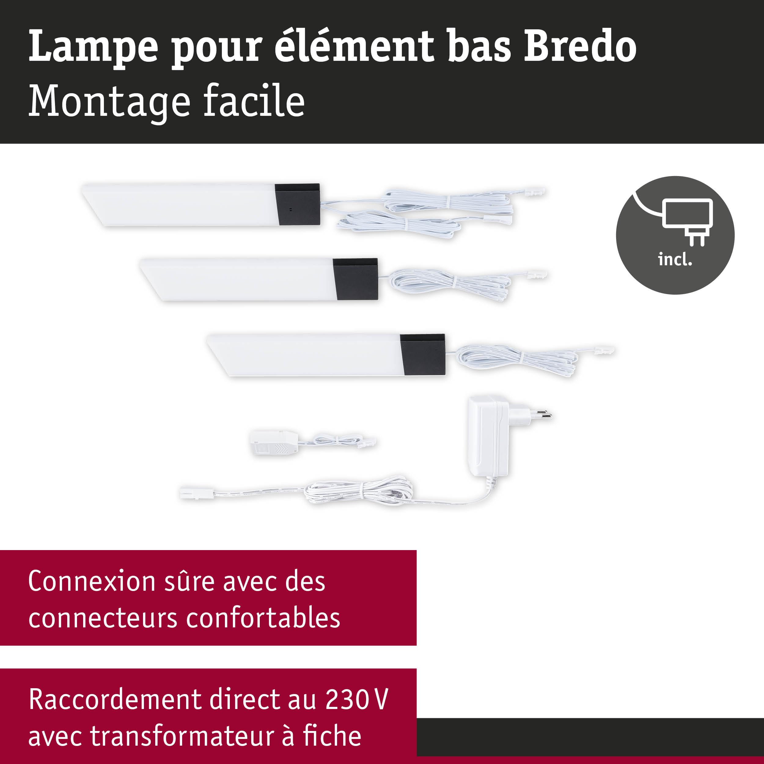 Paulmann 92124 LED sous-meubles Bredo avec capteur de proximité kit de 3 4000 K 2,5W 80x190 mm 180lm Noir luminaire en saillie pour meuble