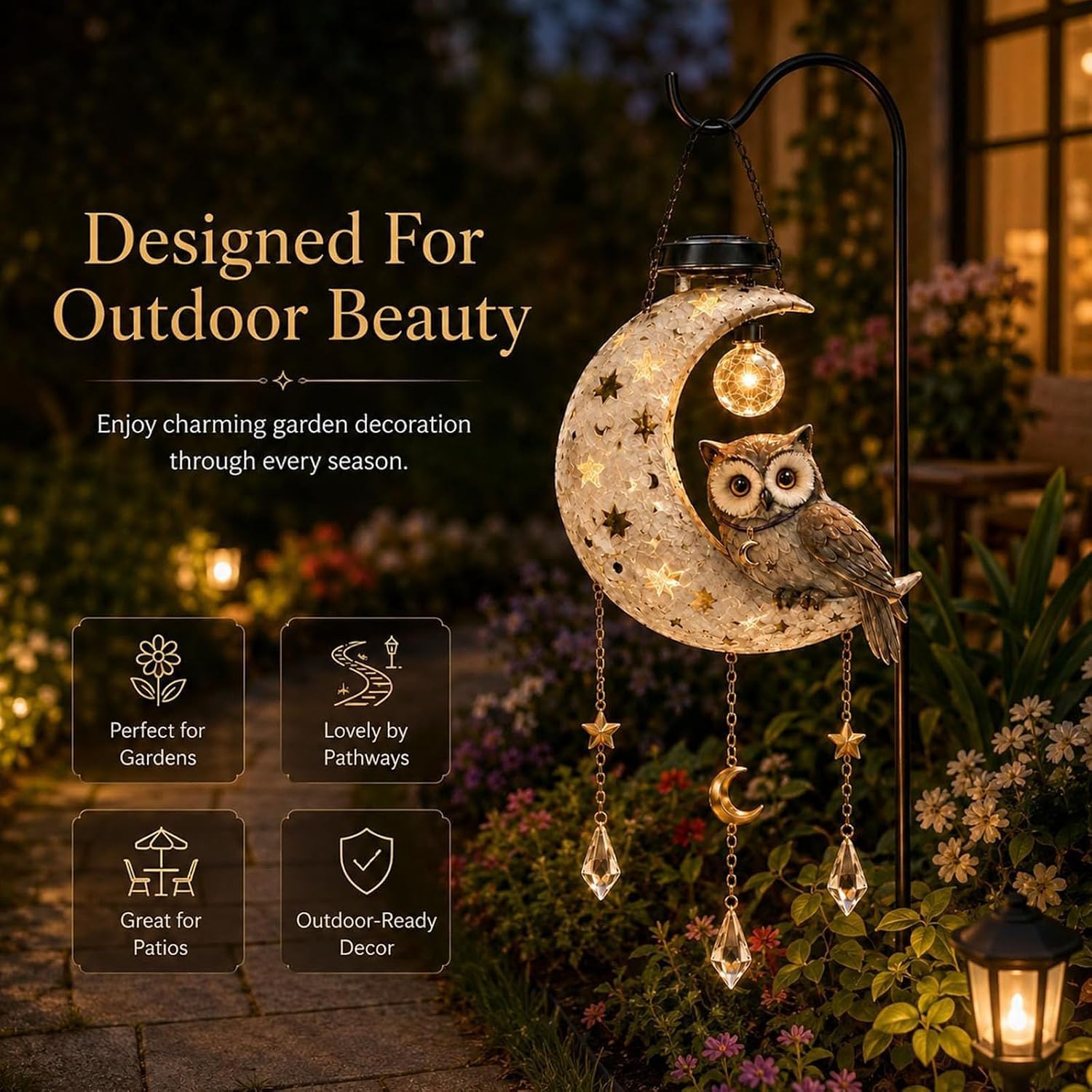 Gufo luna crescente luci solari lanterna appendere giardino esterno