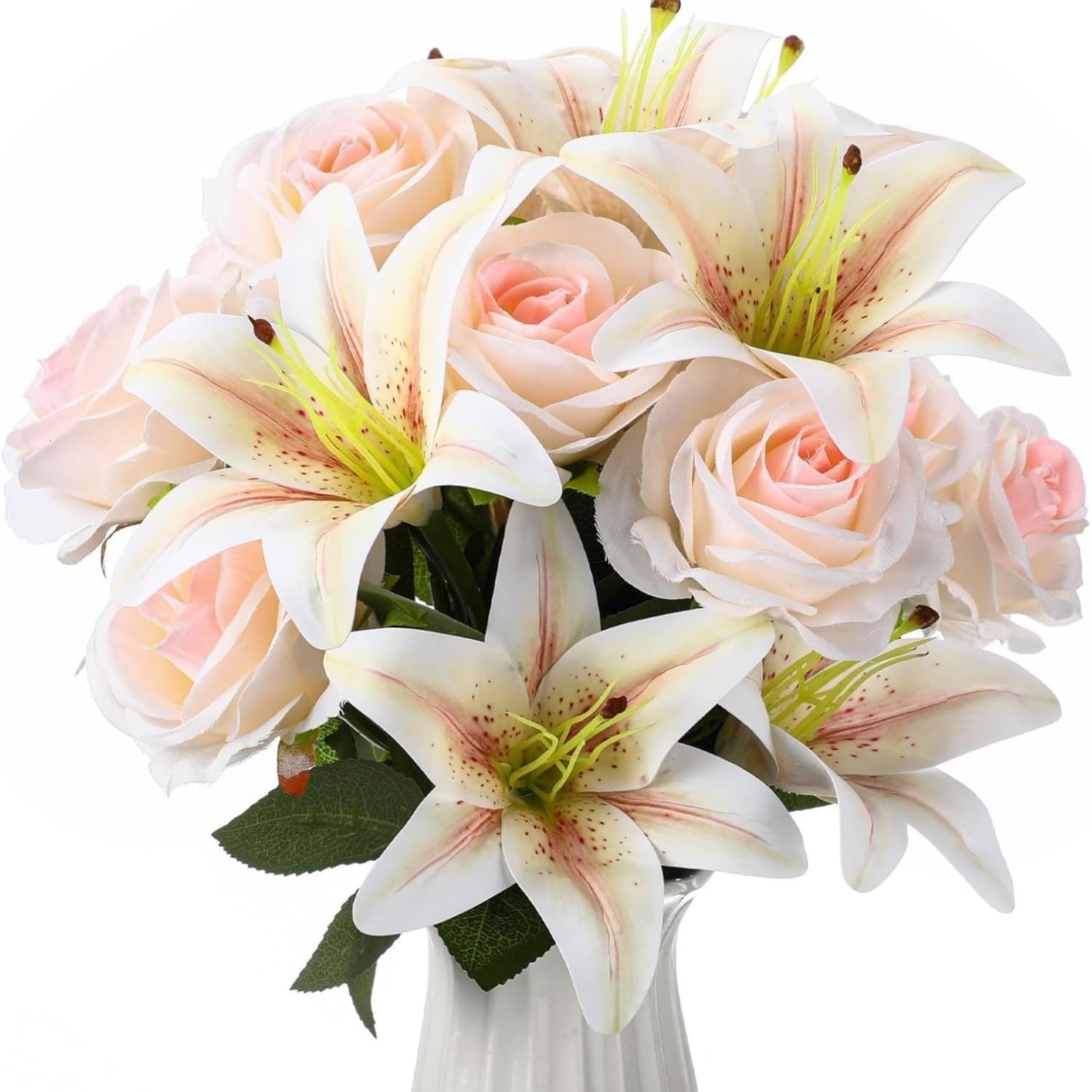 20 Pcs Long Stem Artificial Lily & Rose Bouquet, Fake Flowers for Wedding Bridal Table Centerpiece Home Decor(Pink and Champagne)