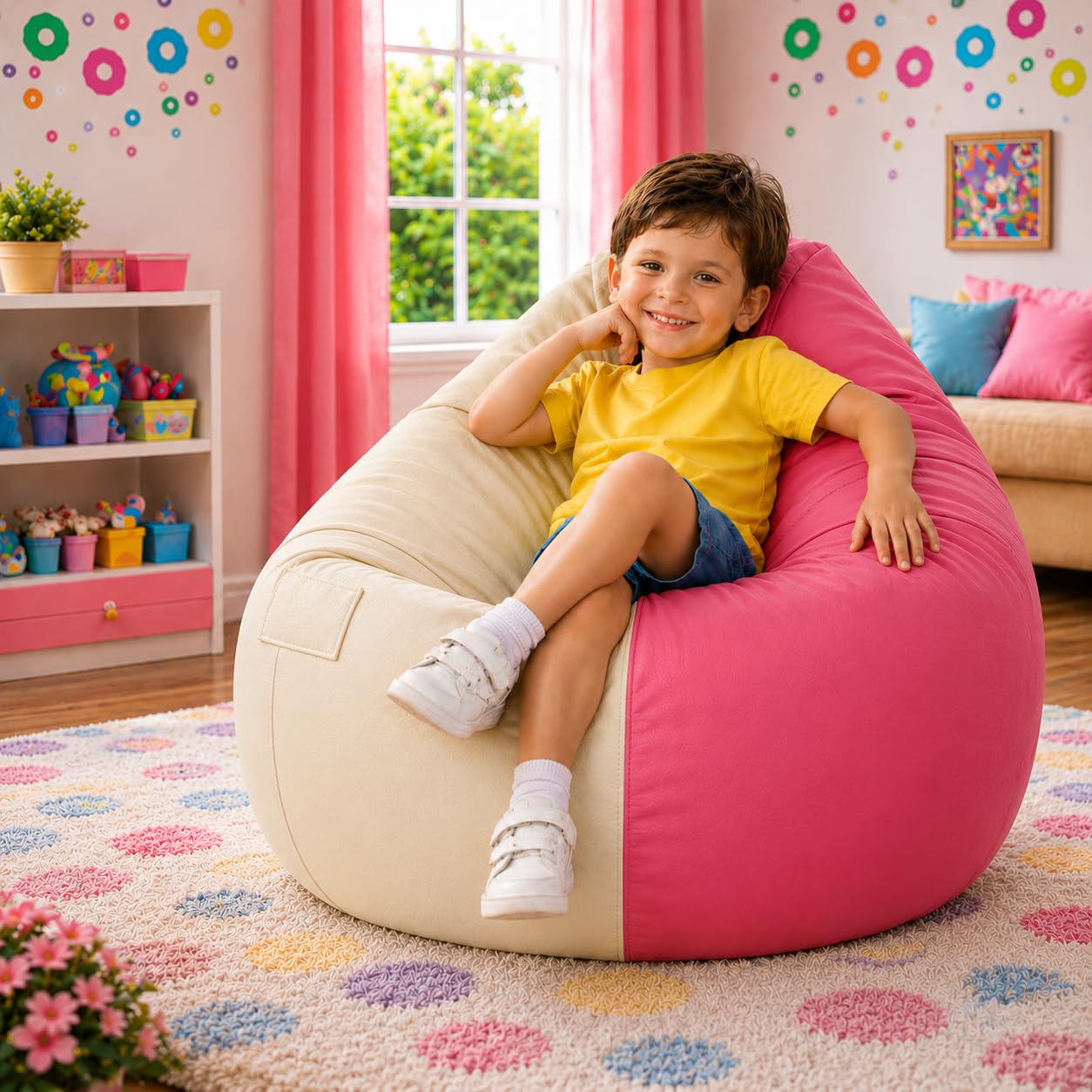 Kids Teardrop Bean Bag Cover Only with Side Pocket | Premium Leatherette Bean Bag Chair Cover for Boys & Girls | Soft, Durable & Lightweight Kids Seating Cover | Upto 100 Kg (Cream-Pink,XXXL)-picture-11