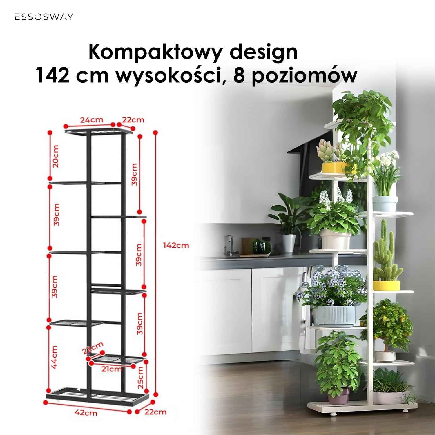Stojak na Rośliny do Wewnątrz - Kwietnik Stojący Metalowy - 8-poziomowy - Nowoczesny - 142 cm - Biały