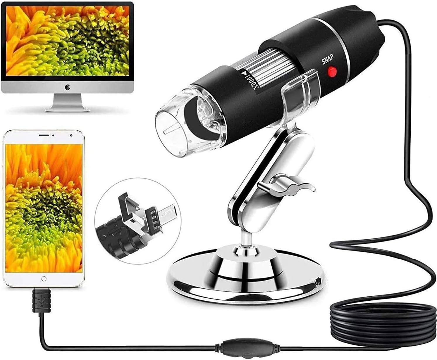 USB Microscope, Splaks 1000x High Power 3 in 1 PCB Microscope Camera USB Digital Microscope with Microscope Stand and 8 Led Lights for Kids Compatible with Windows, Mac and Android