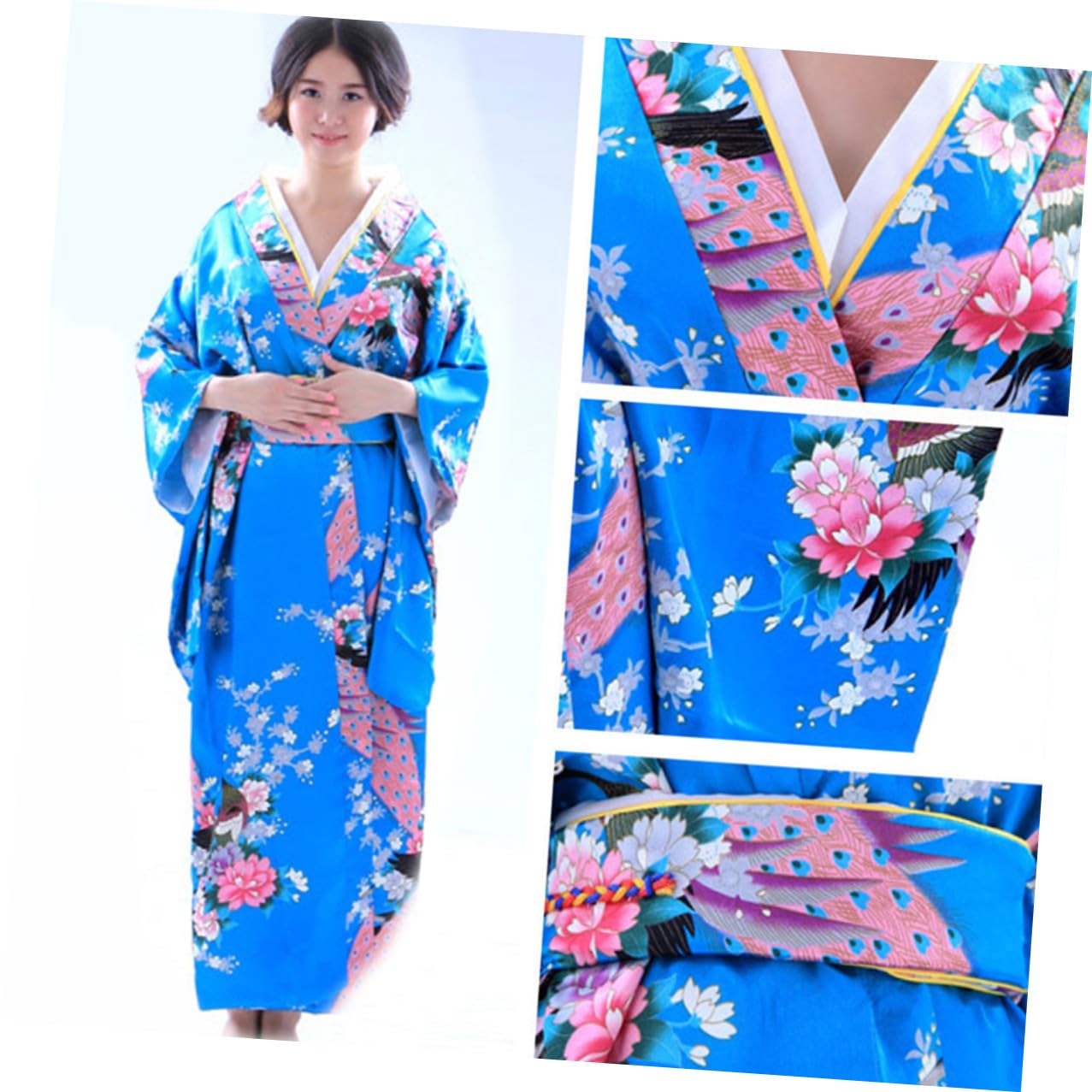 Kimono Colore Celeste Tradizionale Donna in Tessuto con Abbinata Design Monopezzo Versatile e Portabile per Abbigliamento o Spettacoli