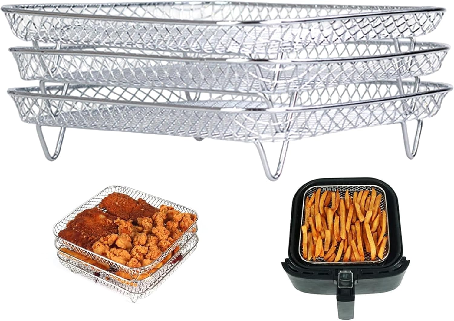 1 Set Air Fryer Rack 8x8" Square 3 Layer Air Fryer Stainless Steel Basket Easy to Clean Cooking Grate Stand Accessories for Grill, Oven