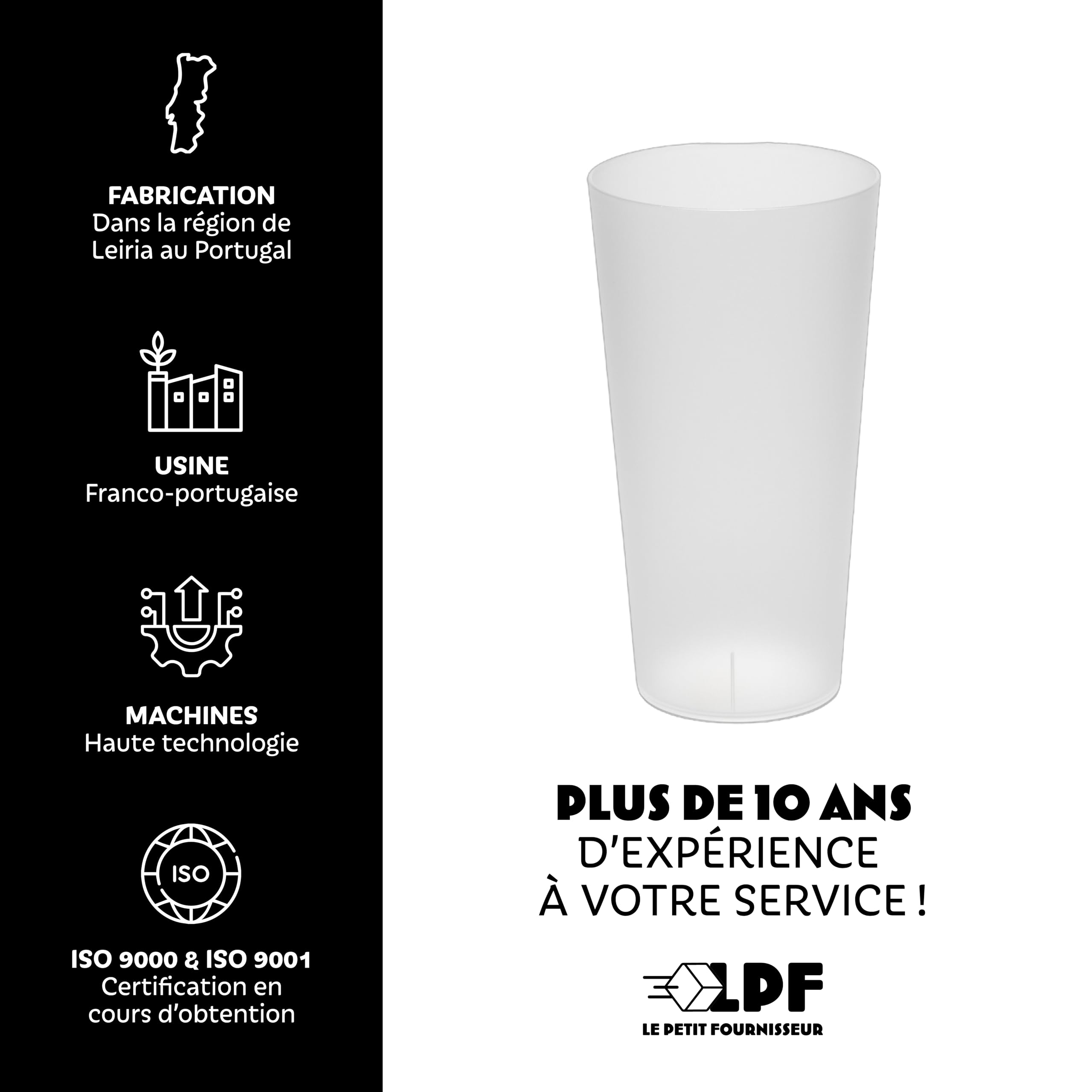 LPF LE PETIT FOURNISSEUR - Lot de 100 Gobelets réutilisables 50cl (56cl à ras-bord) - Polypropylène plastique alimentaire rigide - Gobelets à eau, bière - Compatible lave-vaisselle - Couleur Givré