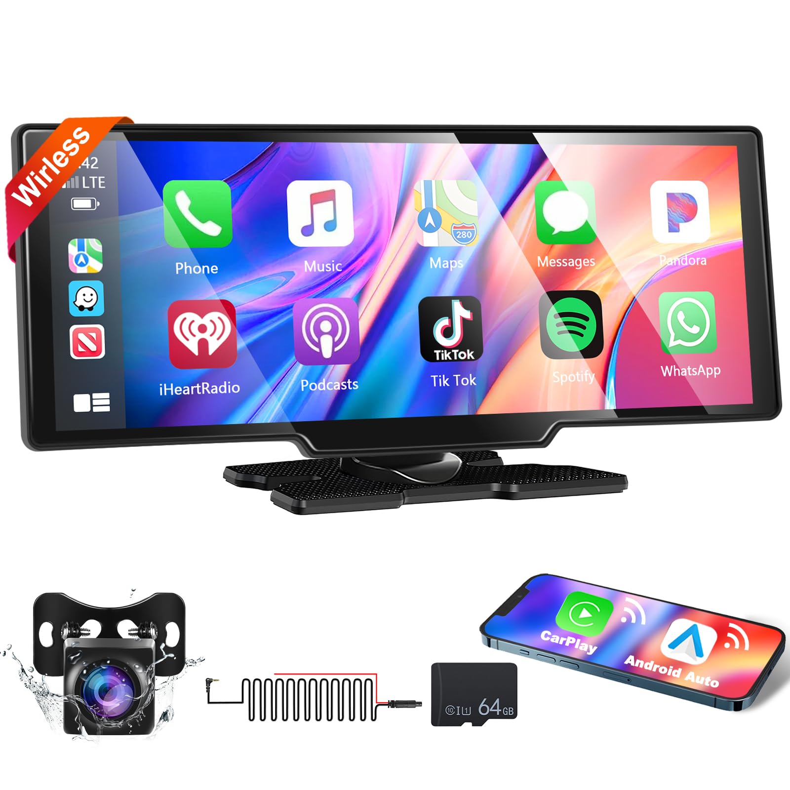 Podofo Estéreo inalámbrico para Apple Carplay y Android, pantalla táctil IPS de 10.3 pulgadas, cámara de respaldo de 1080P, navegación GPS, Bluetooth 5.0, Airplay, Google/Siri, AUX, FM+64G TF