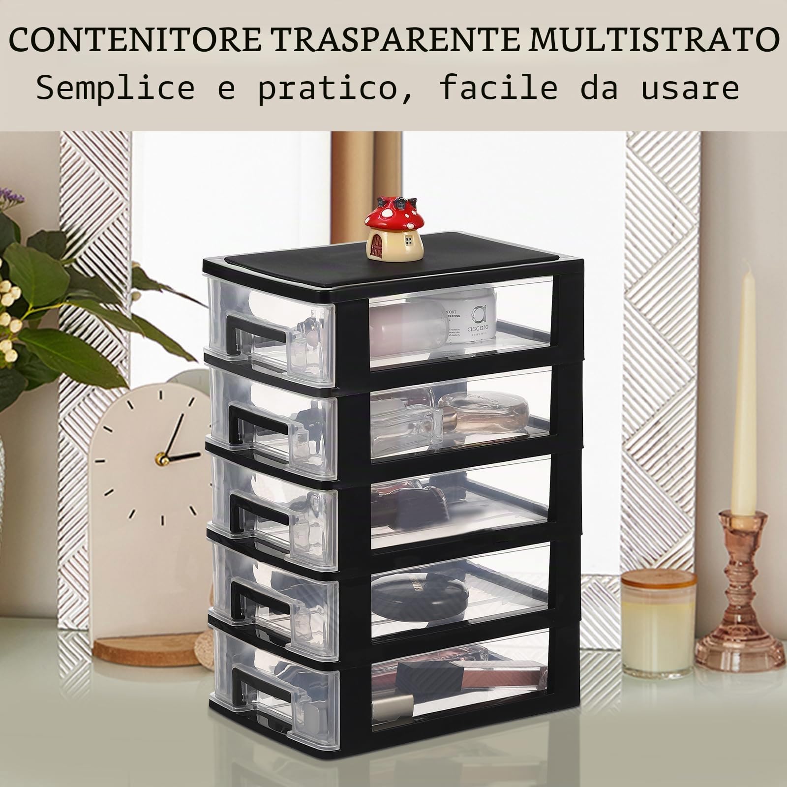 Healeved Organizer per cassetti in plastica a 5 ripiani, con cassetti estraibili trasparenti, organizer da scrivania per forniture per ufficio, artigianato, trucco e piccoli oggetti (nero)