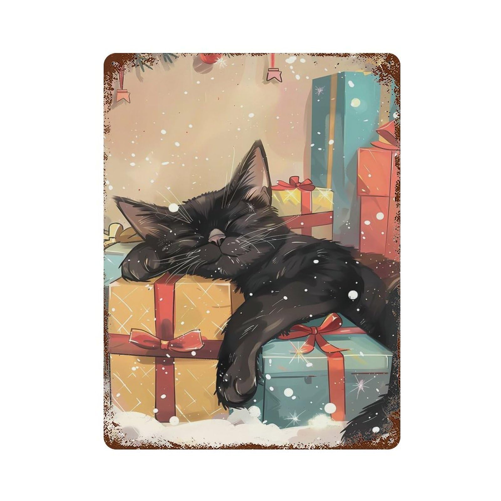 Vintage Rust Metal Sign with Sleepy Christmas Cat Design 15.7"x11.8", for Shed, Workshop And Garage Wall Decor, Classic Wall Plaque